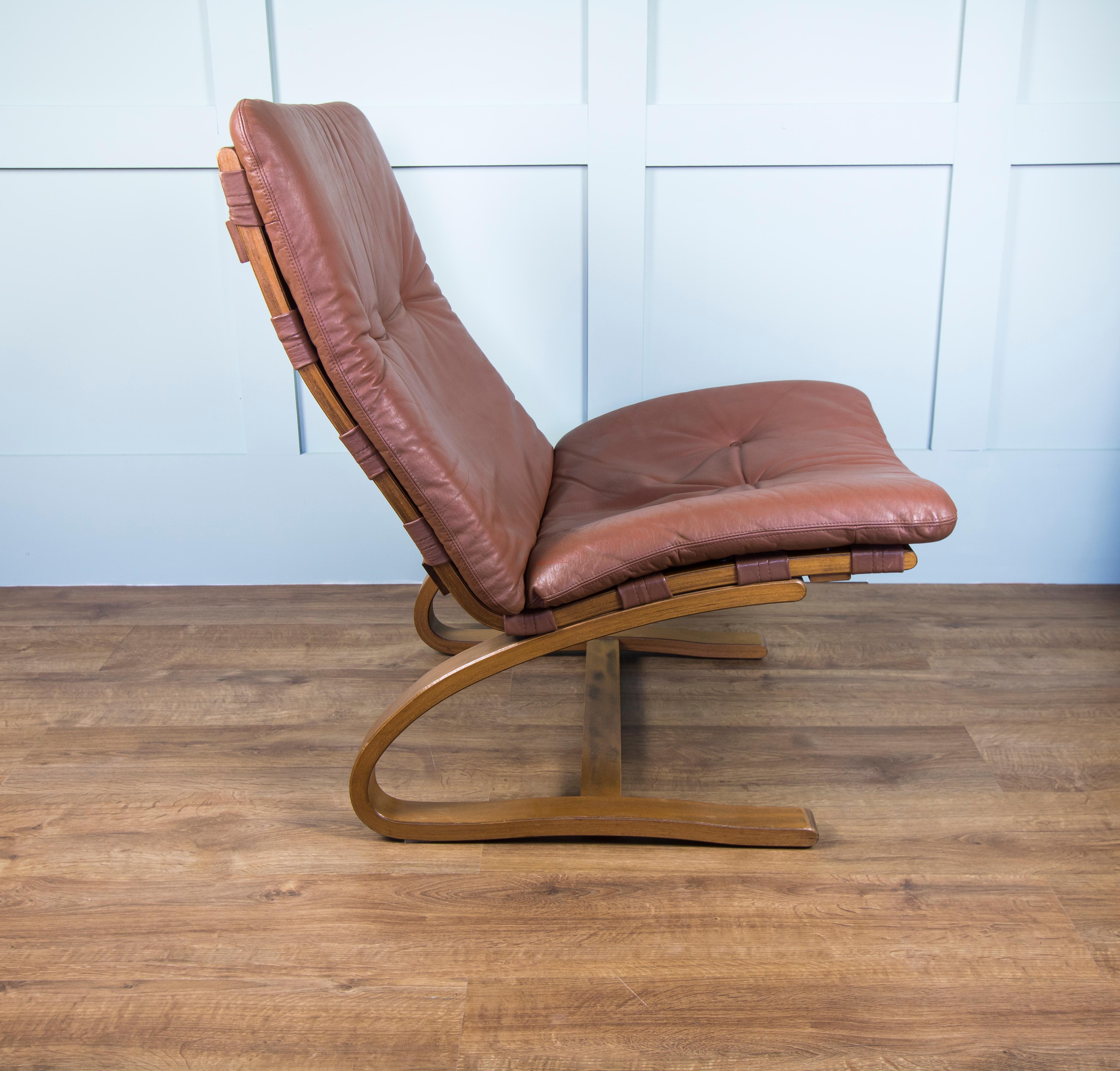 Pair of Mid Brown Leather Elsa & Nordahl Solheim Kengu Armchairs and Footstool For Sale 2