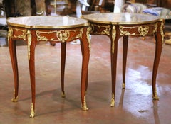 Pair of Mid-C. French Louis XV Marble-Top Mahogany & Ormolu Mounted Side Tables