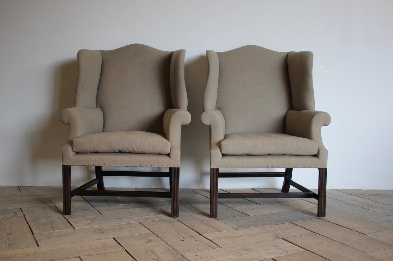 Fabric  Pair of Mid-20th Century English Wingback Armchairs in the Georgian Taste