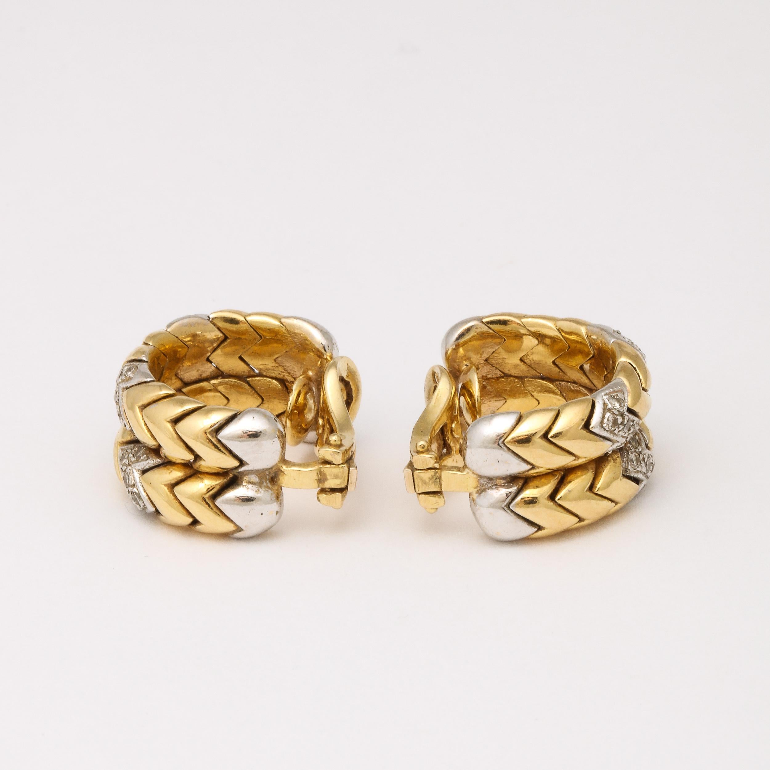 Modernist Pair of Midcentury 14 Carat Yellow and White Gold Earrings Inset with Diamonds For Sale