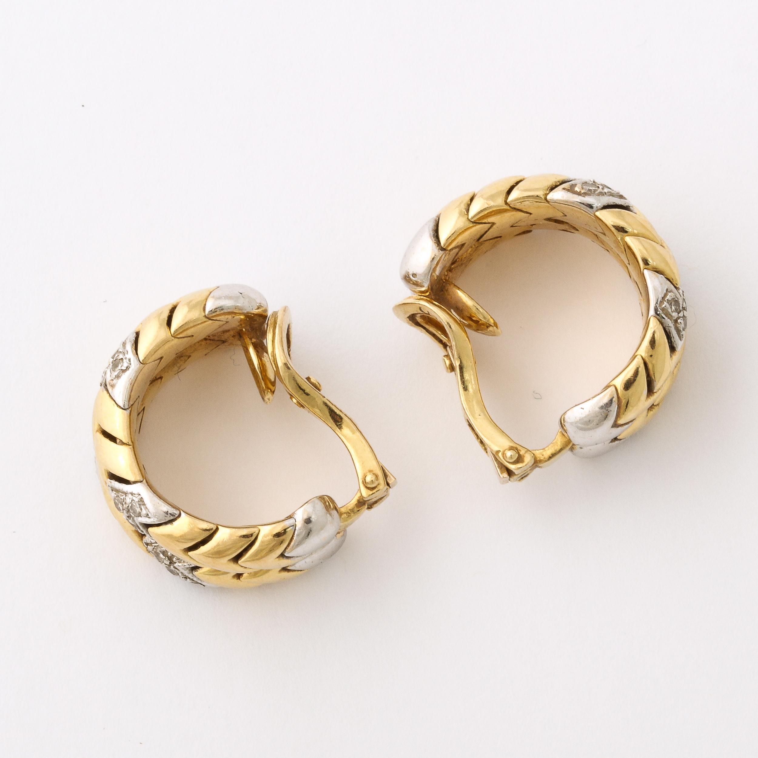 Women's Pair of Midcentury 14 Carat Yellow and White Gold Earrings Inset with Diamonds For Sale