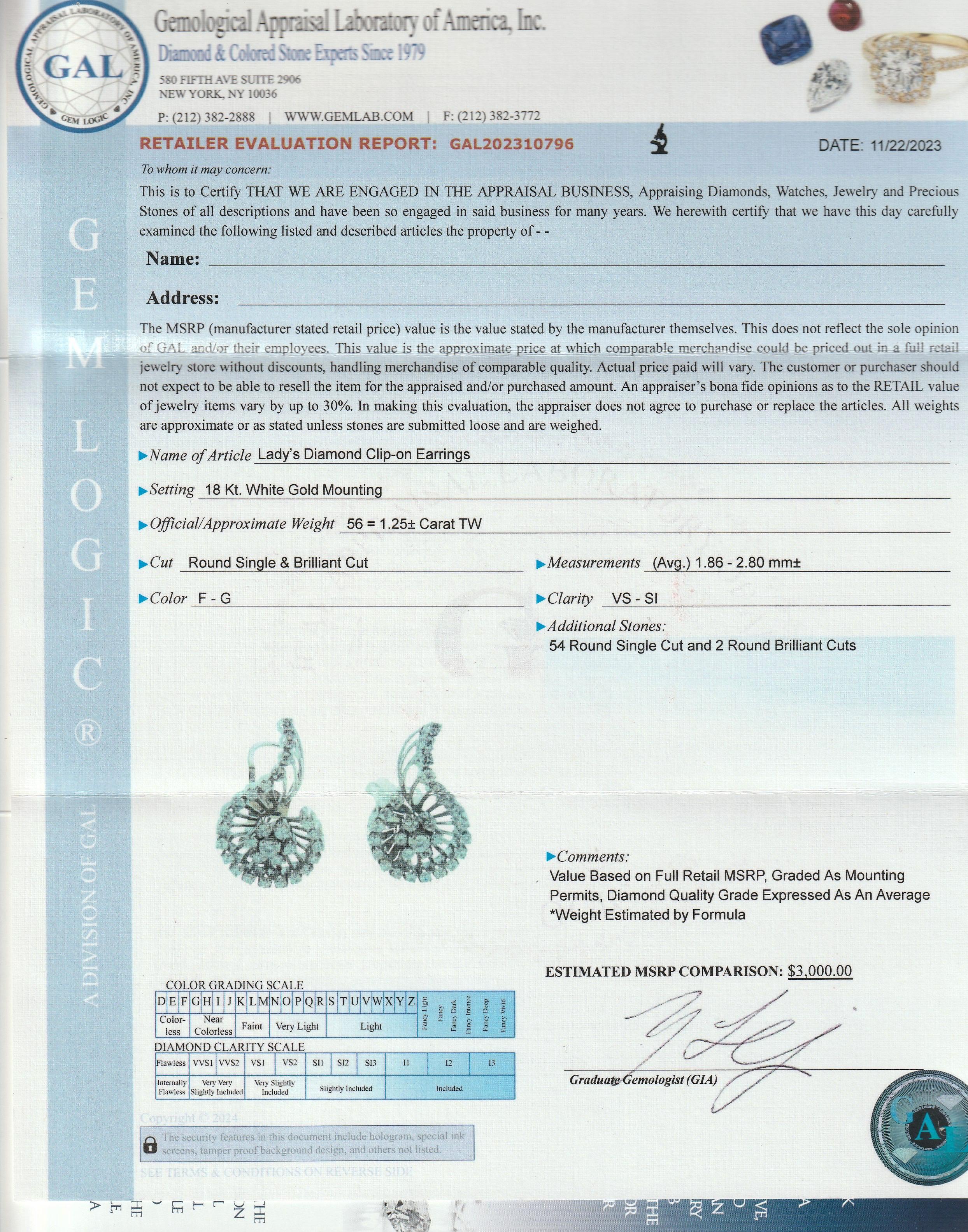 Pair of Mid-Century 18k White Gold & Diamond Spiral Clip Earrings For Sale 9