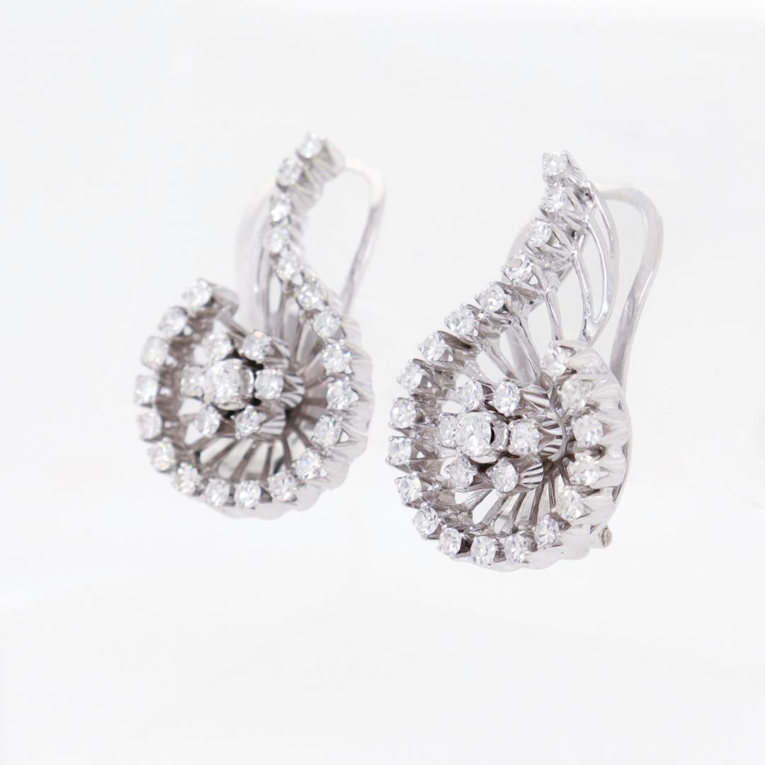 Women's Pair of Mid-Century 18k White Gold & Diamond Spiral Clip Earrings For Sale