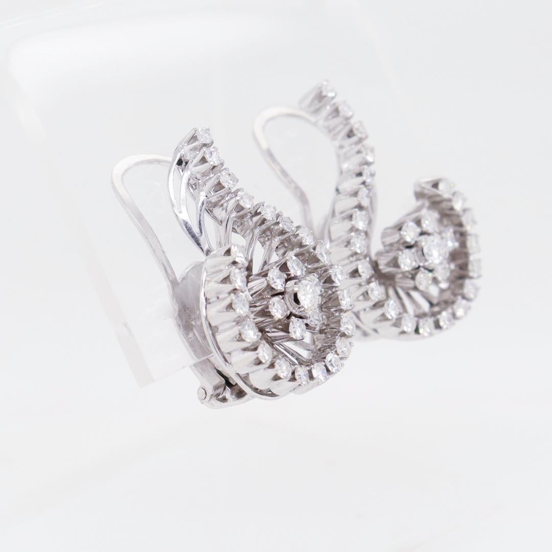 Pair of Mid-Century 18k White Gold & Diamond Spiral Clip Earrings For Sale 1