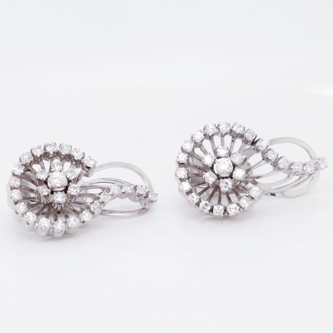 Pair of Mid-Century 18k White Gold & Diamond Spiral Clip Earrings For Sale 3