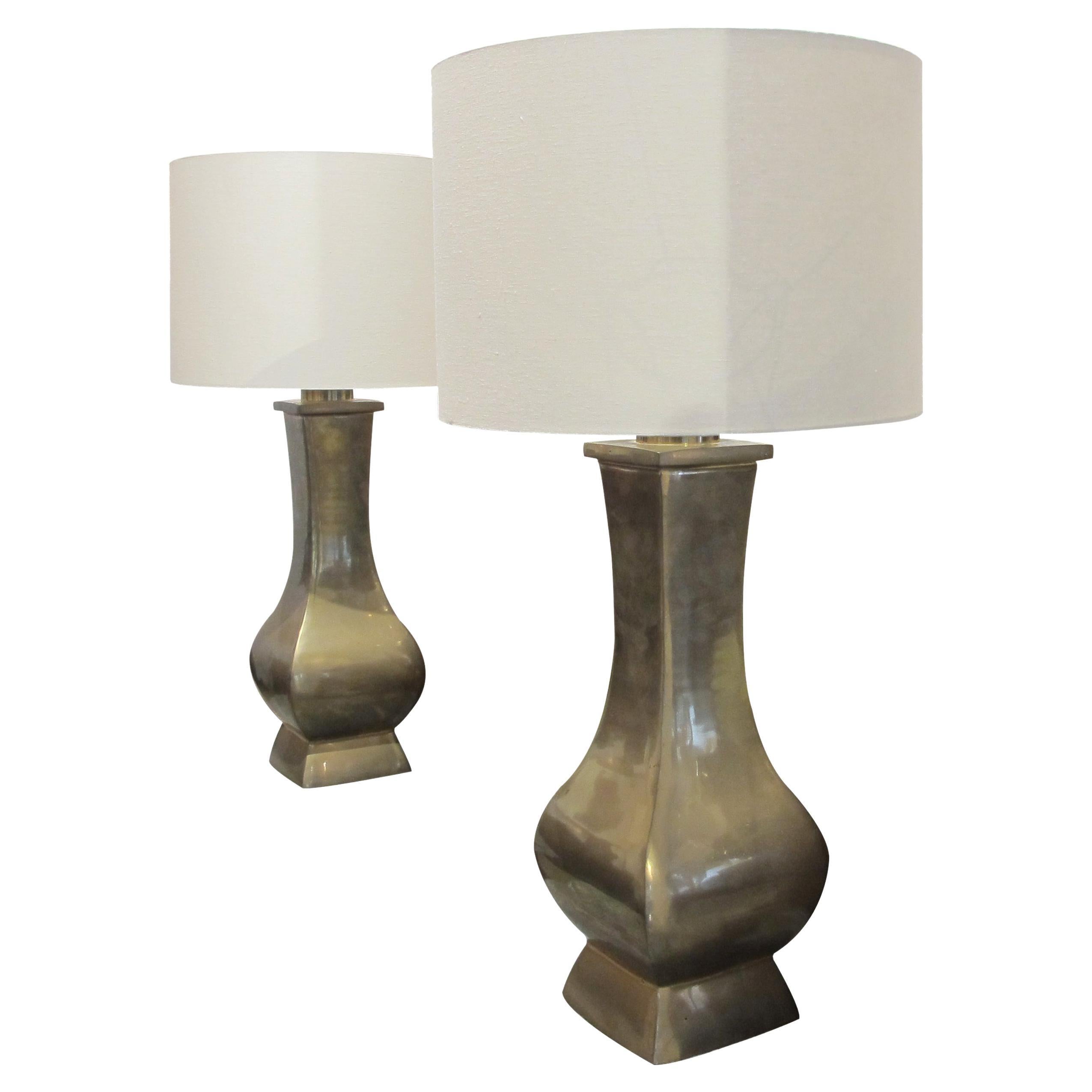 Pair of Mid Century 1950s French Bronze Large Table Lamps inc Shades