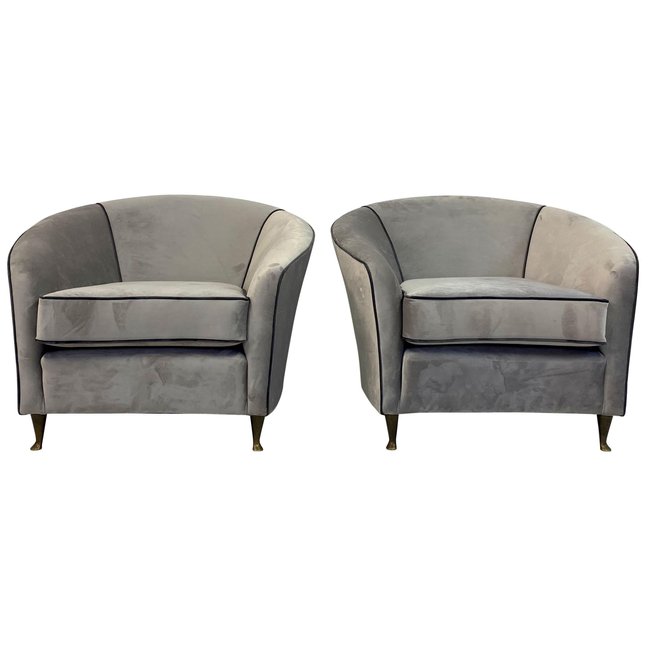 Pair of Midcentury 1950s Italian Armchairs by Lorenzo Bergallo in Grey Velvet