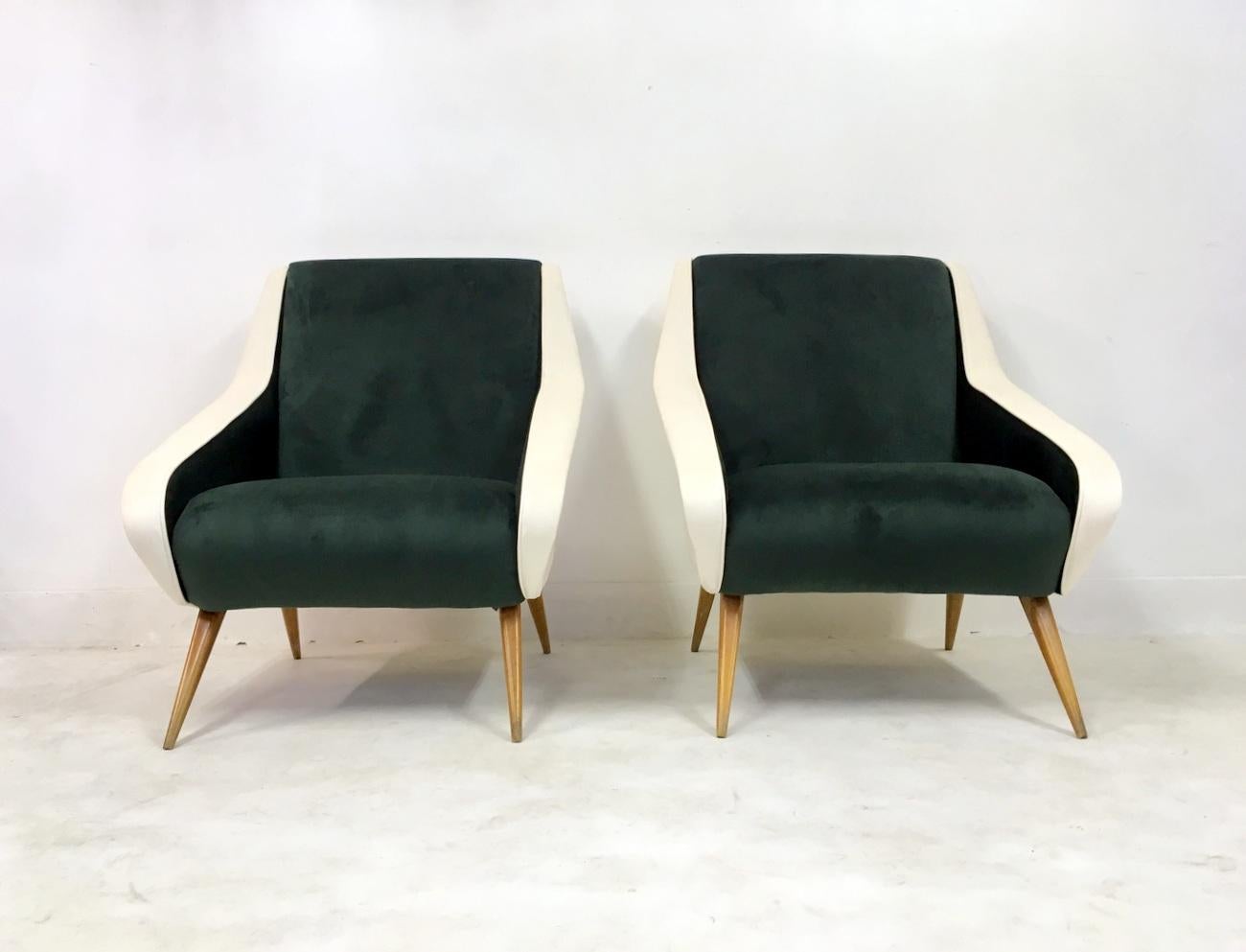 Pair of Midcentury 1950s Italian Velvet Armchairs in Green and White 6