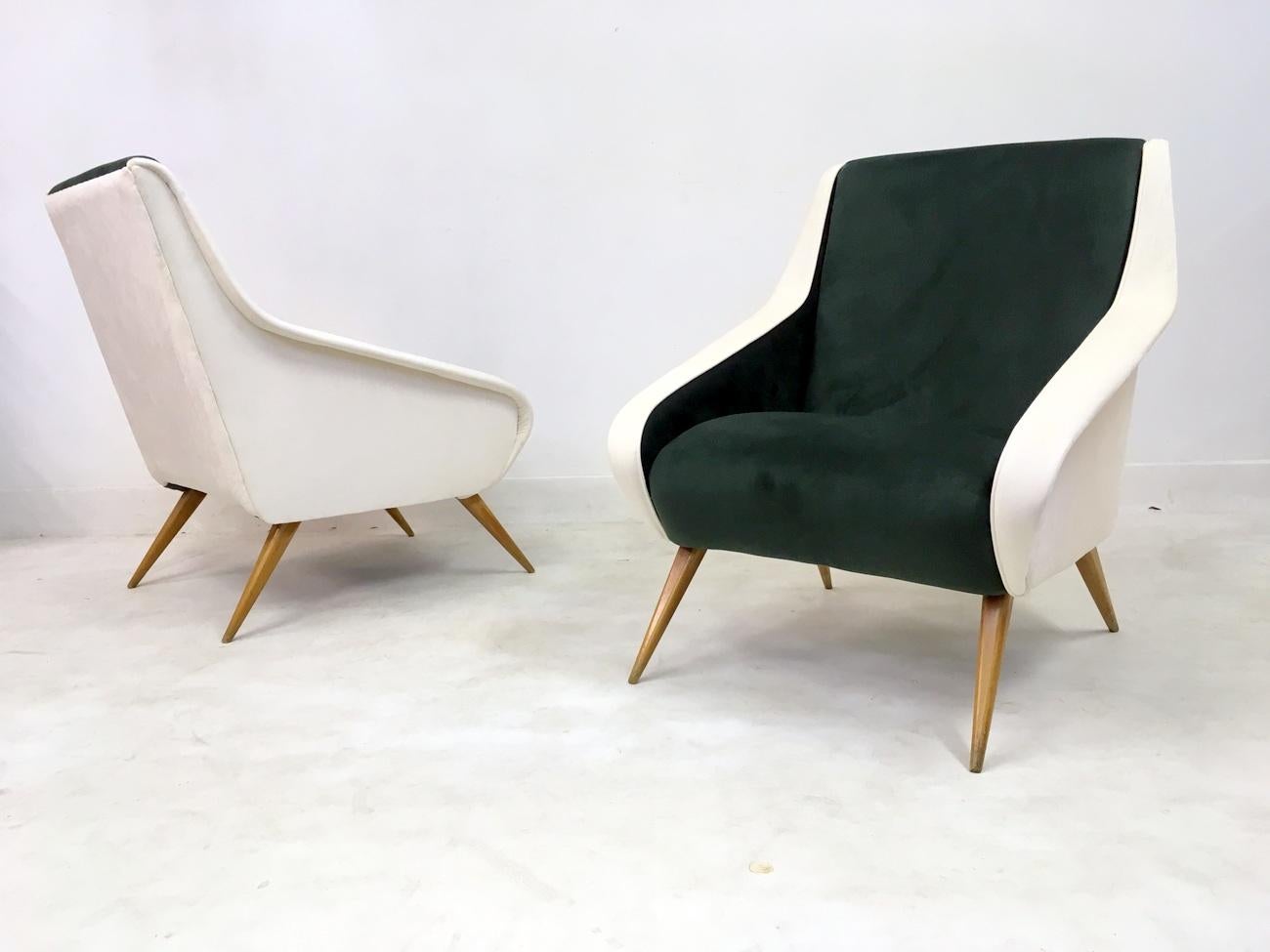 20th Century Pair of Midcentury 1950s Italian Velvet Armchairs in Green and White