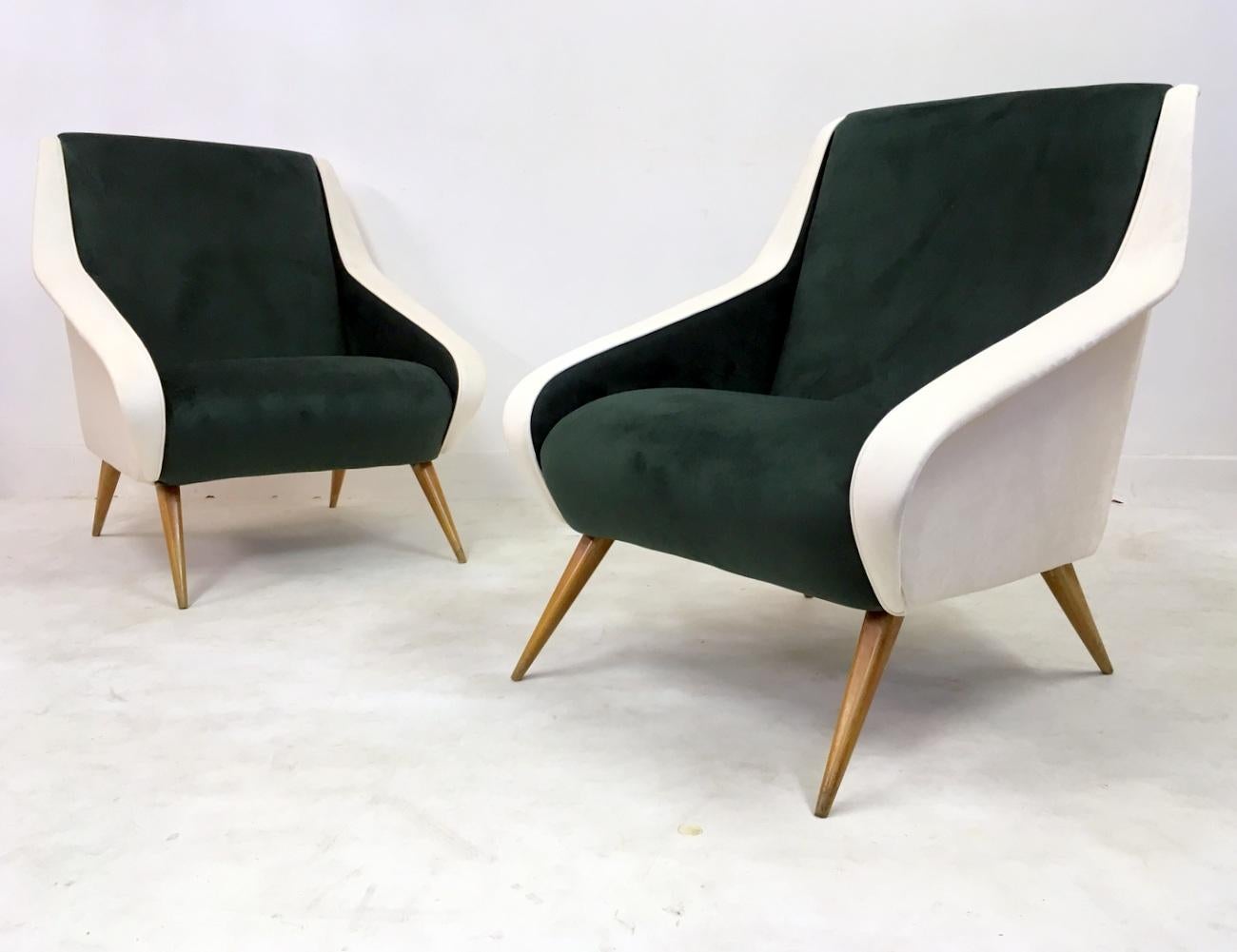 Pair of Midcentury 1950s Italian Velvet Armchairs in Green and White 1