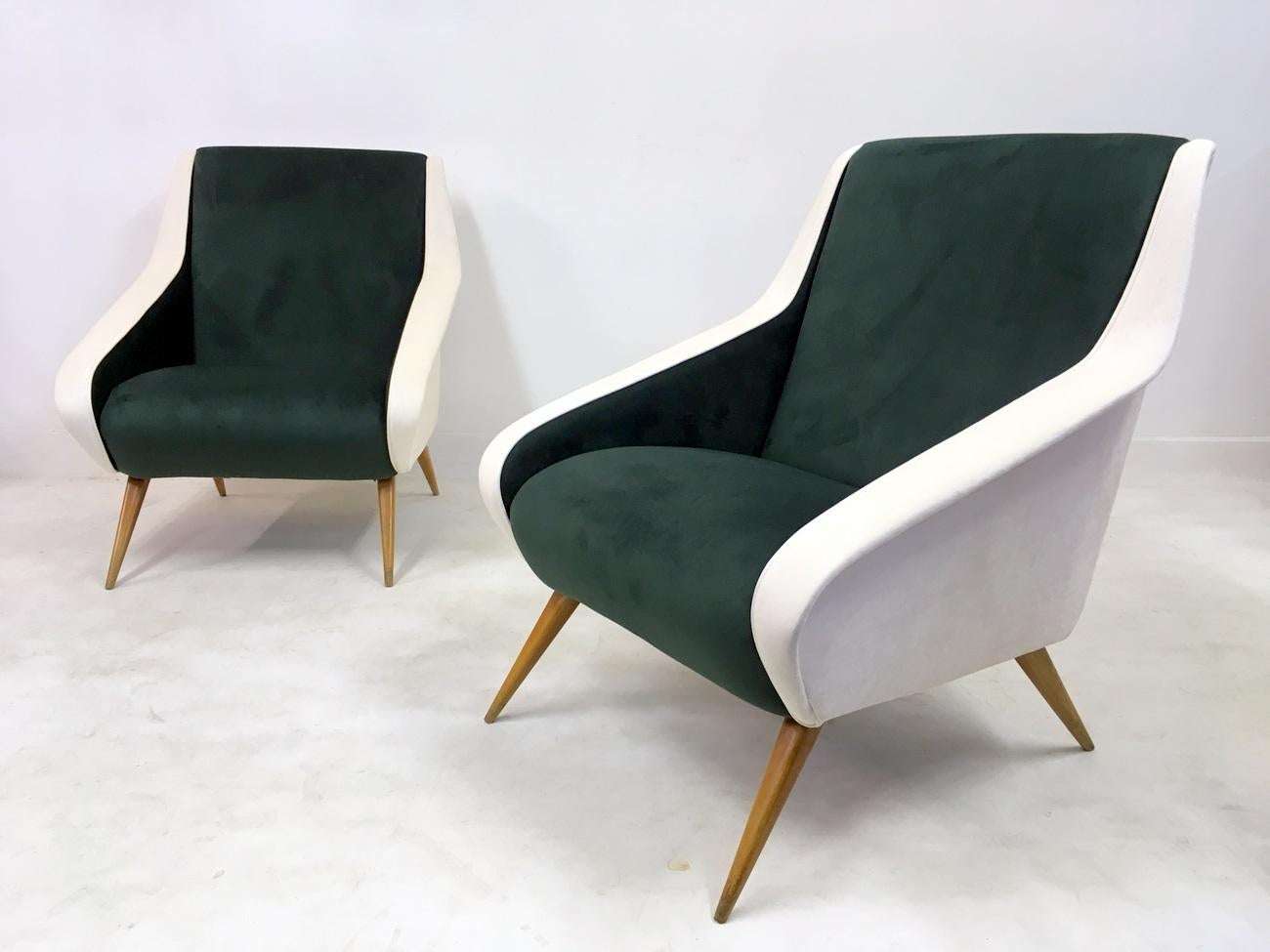 Pair of Midcentury 1950s Italian Velvet Armchairs in Green and White 3