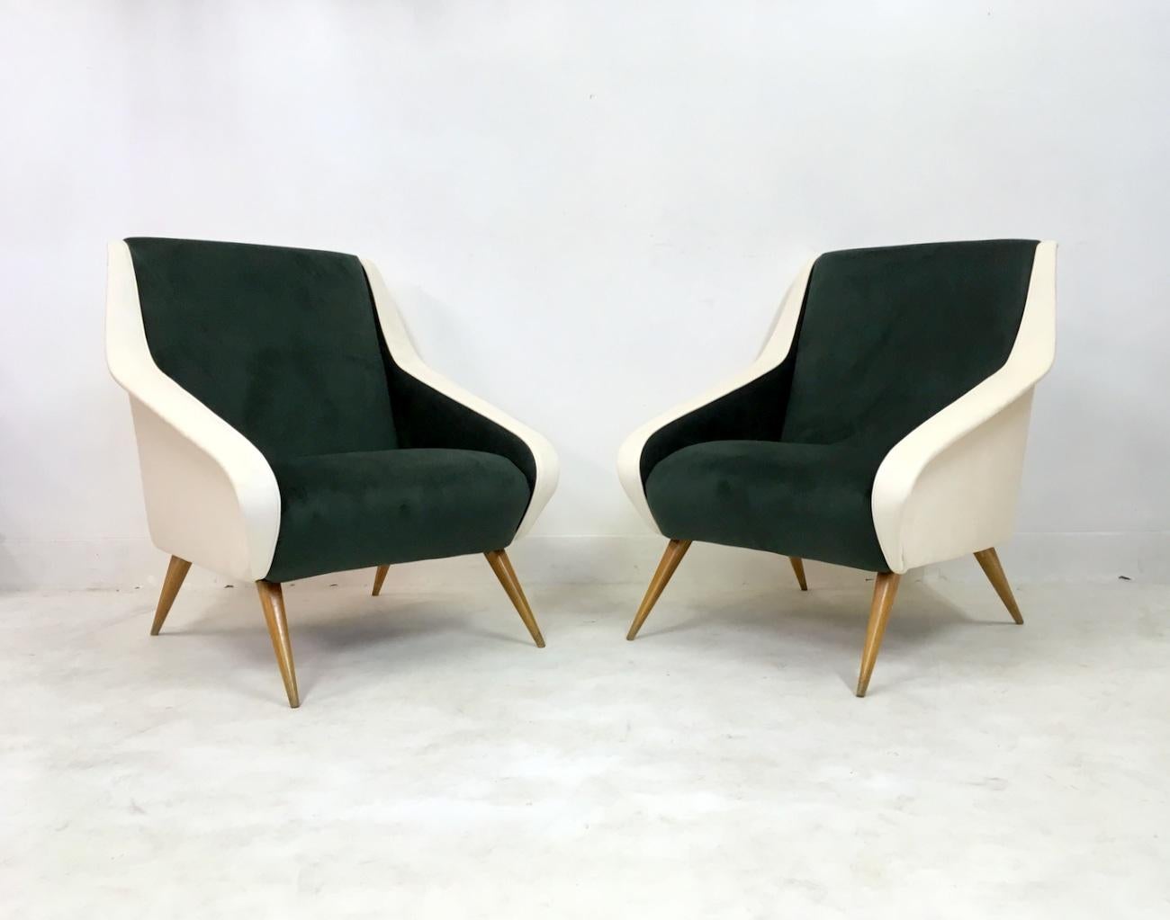 Pair of Midcentury 1950s Italian Velvet Armchairs in Green and White 4
