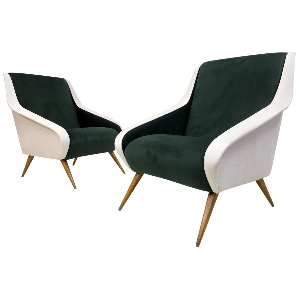 Pair of Midcentury 1950s Italian Velvet Armchairs in Green and White