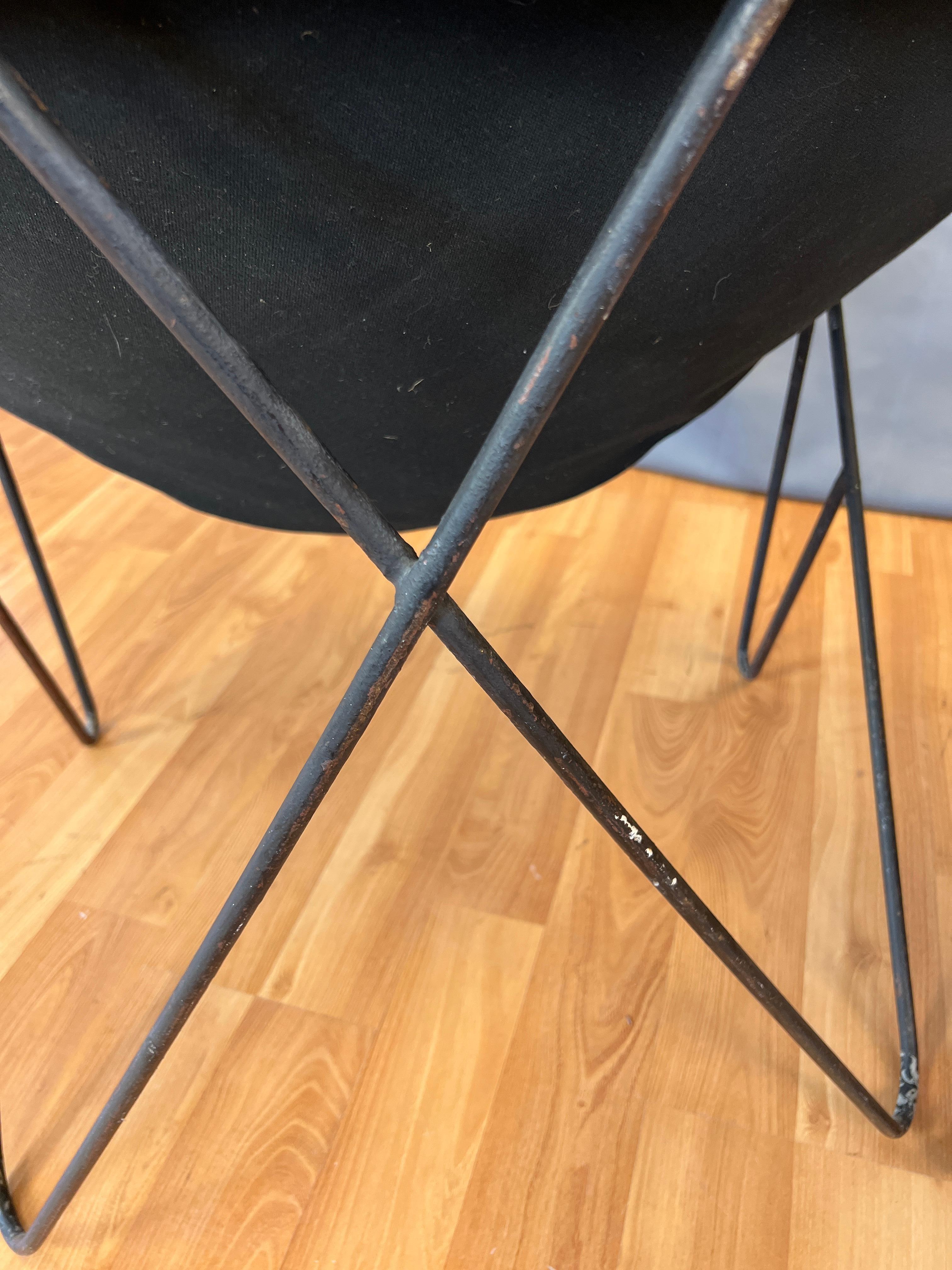 Pair of Mid-century 1950s Wrought Iron Hoop Chairs Black/White Upholstery 4