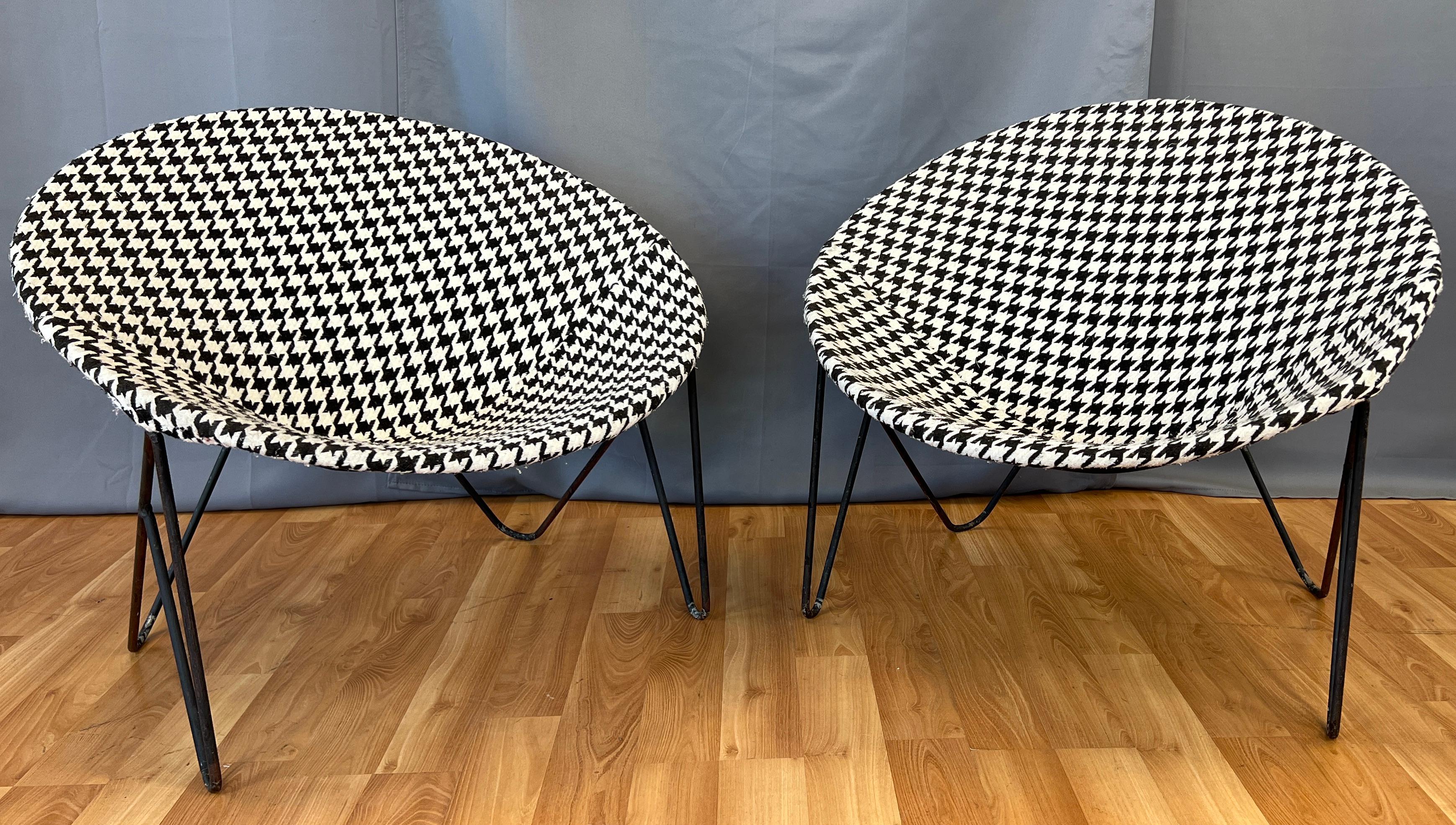 Pair of Mid-century 1950s Wrought Iron Hoop Chairs Black/White Upholstery 9