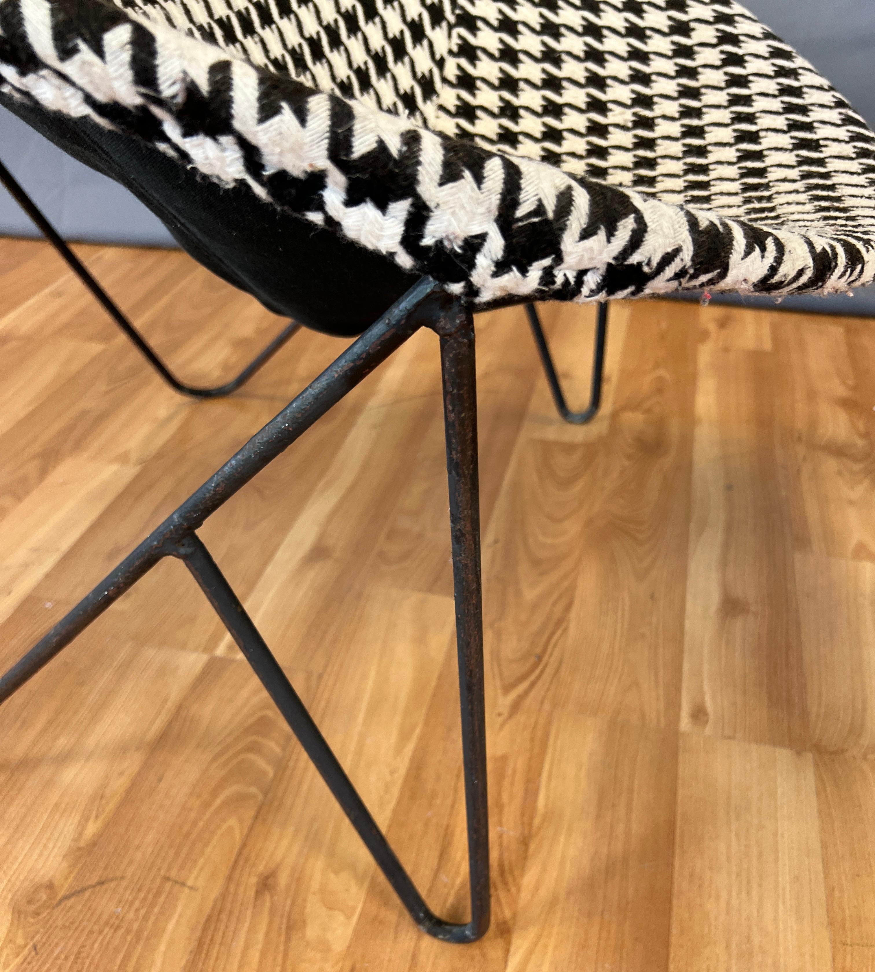 Pair of Mid-century 1950s Wrought Iron Hoop Chairs Black/White Upholstery 2