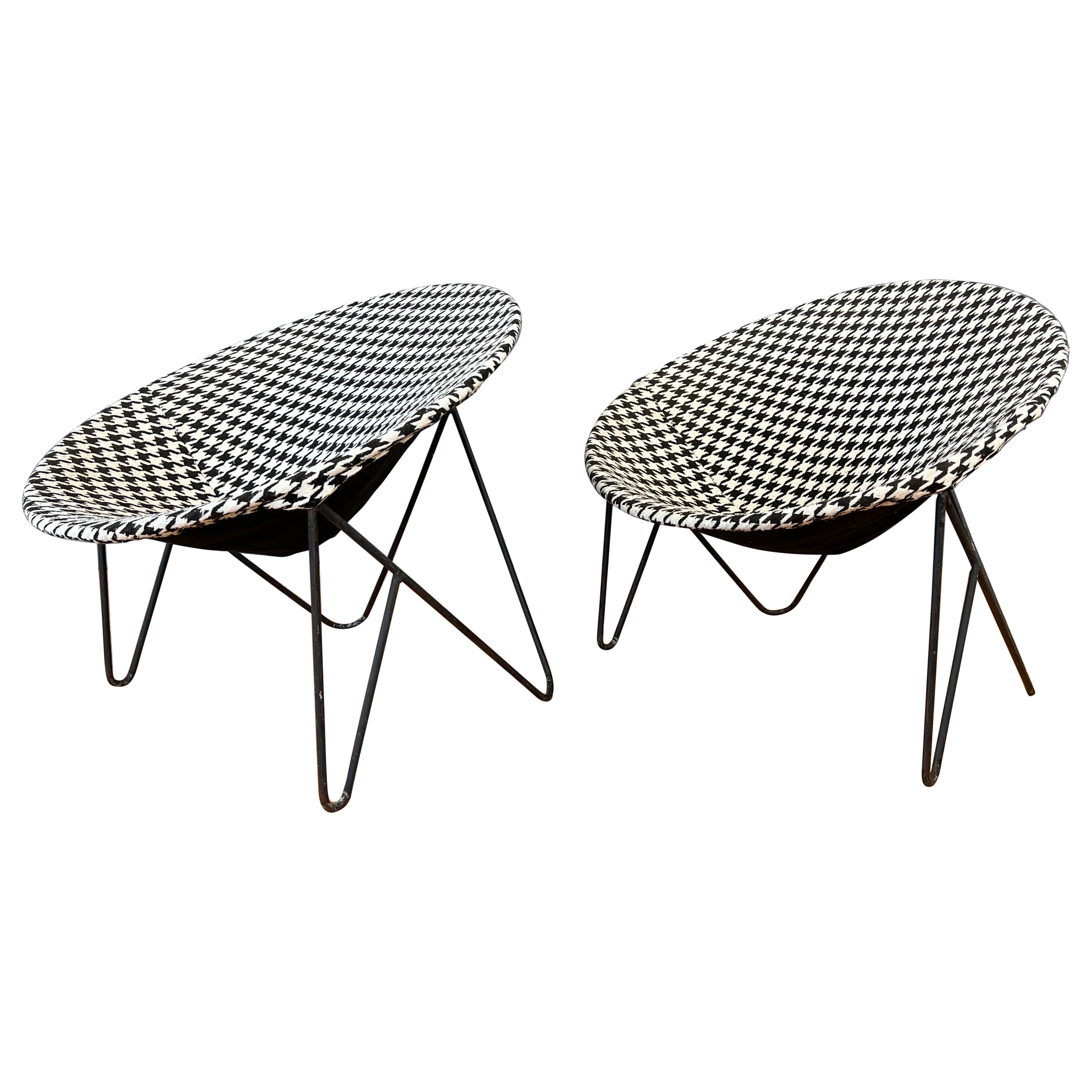 Pair of Mid-century 1950s Wrought Iron Hoop Chairs Black/White Upholstery