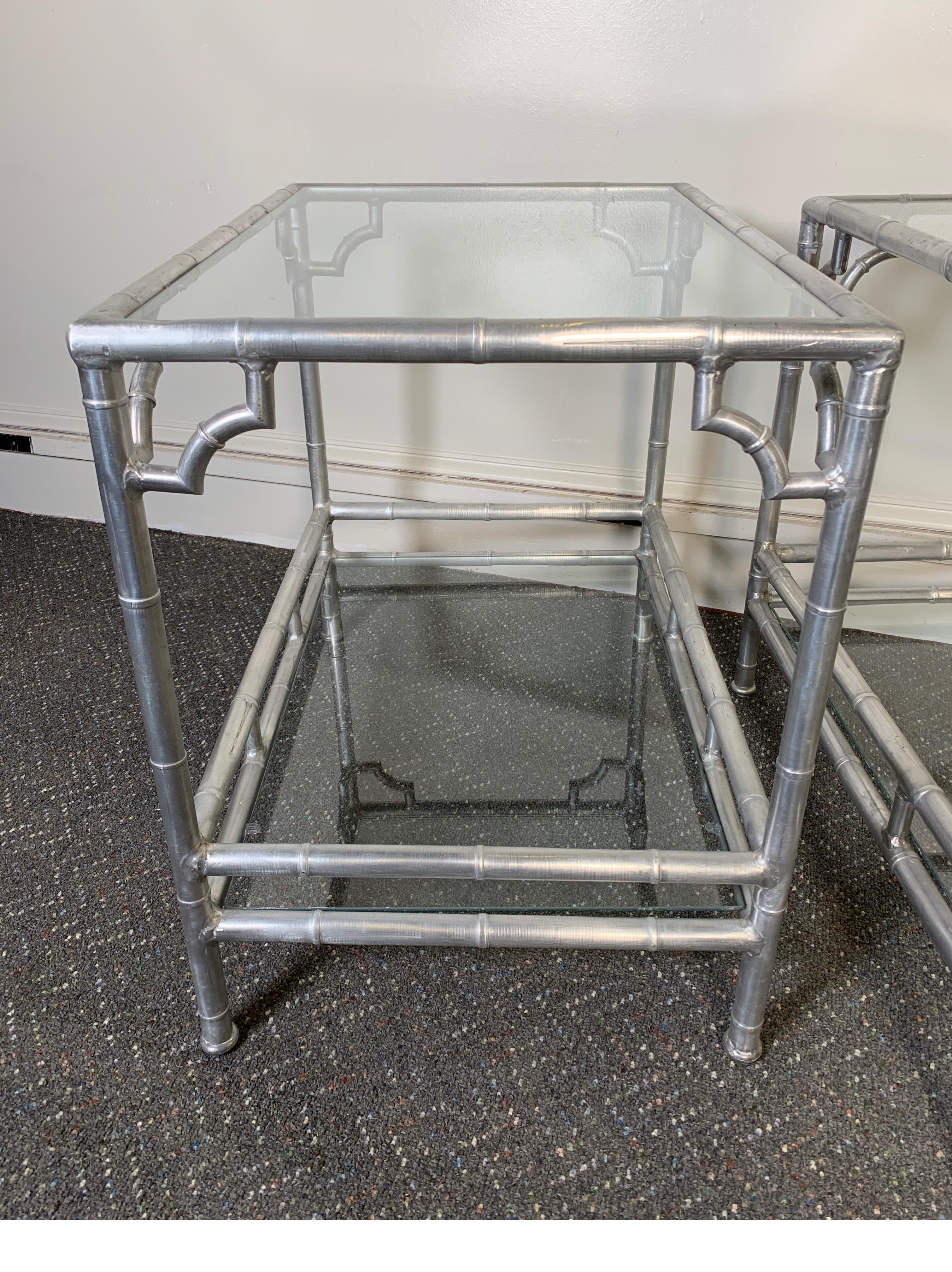 Pair of Midcentury 1960s Aluminum Faux Bamboo Side Tables with Glass Shelves 7