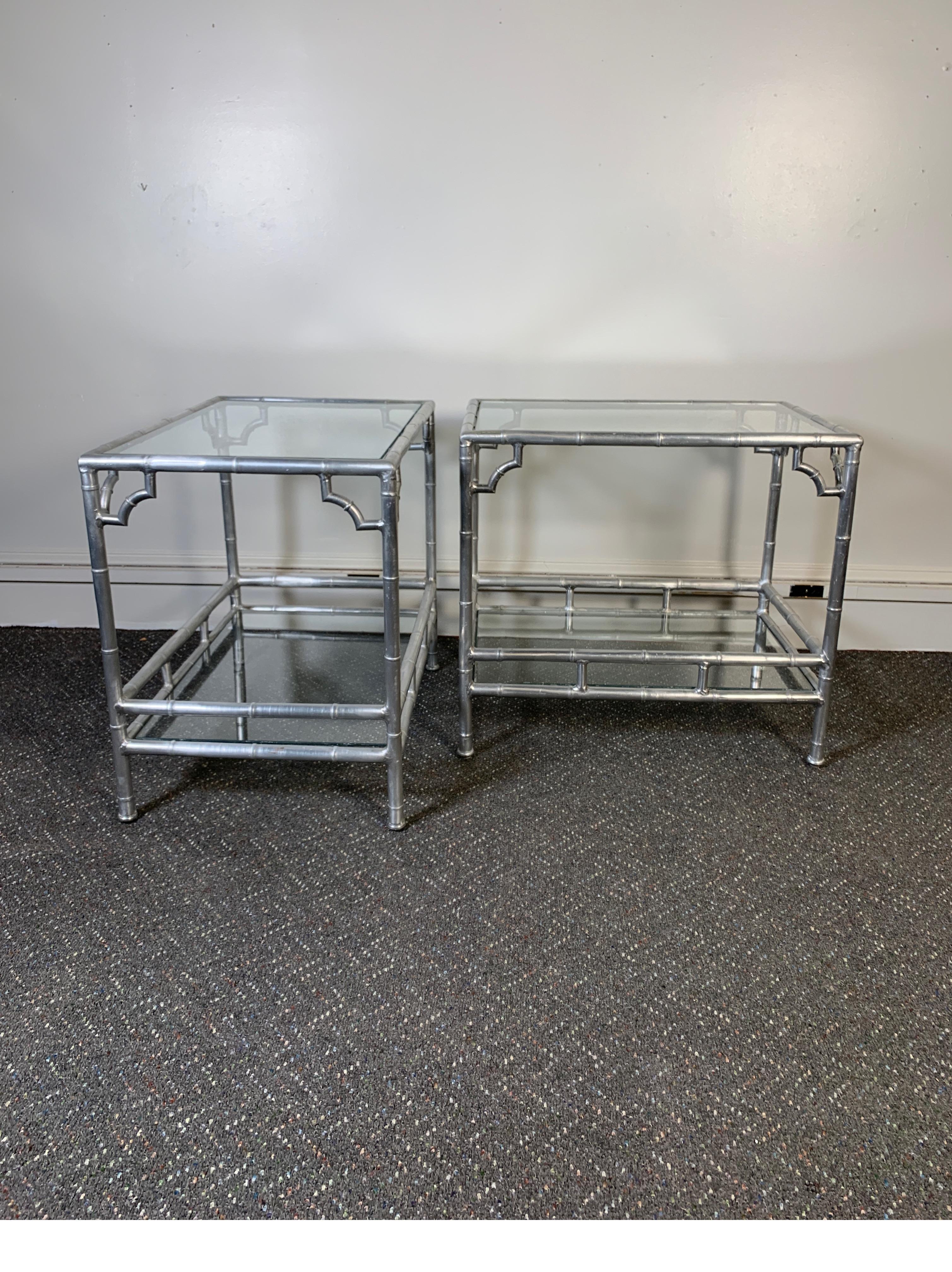 American Pair of Mid Century 1960s Aluminum Faux Bamboo Side Tables with Glass Shelves