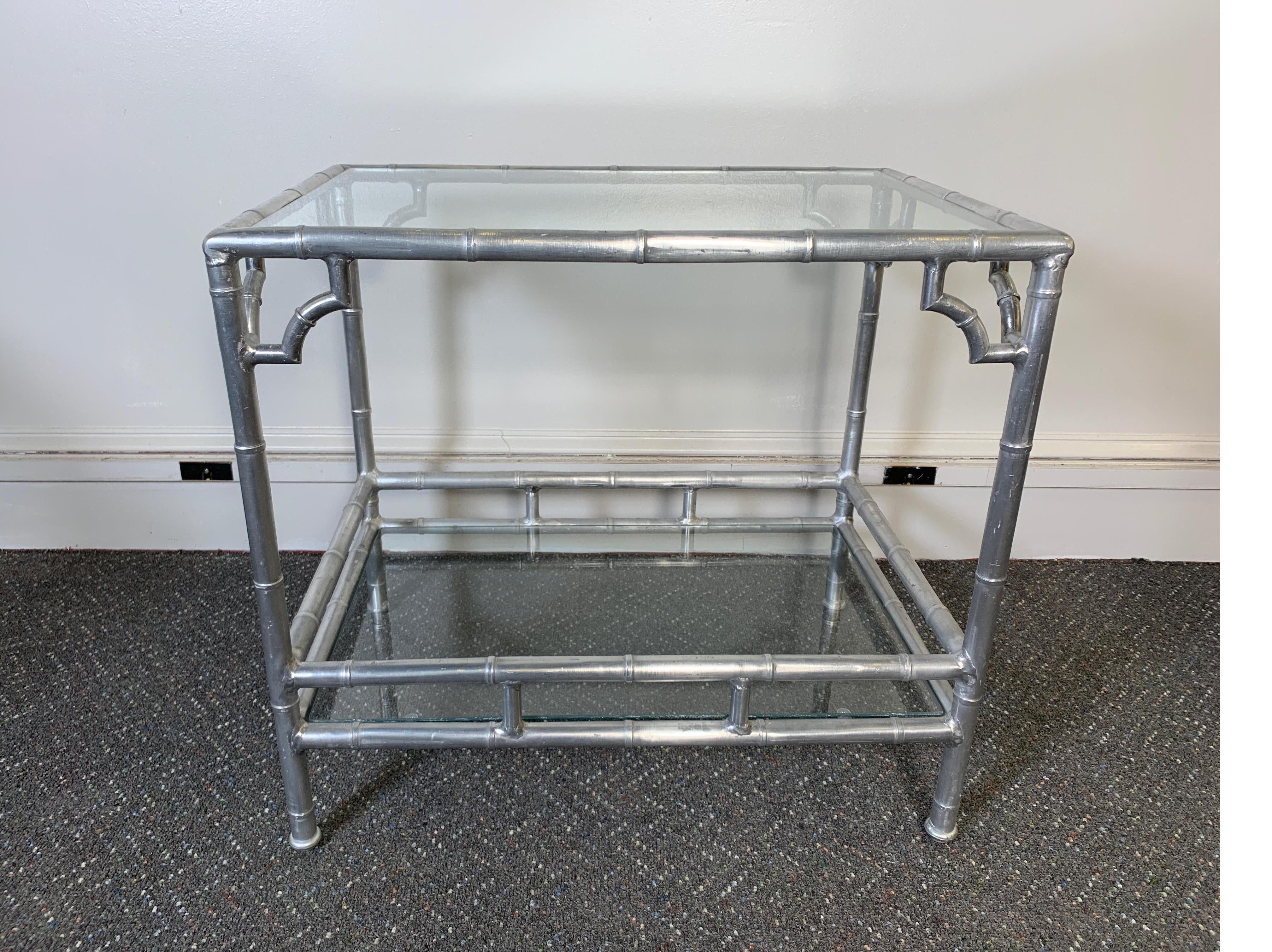 Pair of Mid Century 1960s Aluminum Faux Bamboo Side Tables with Glass Shelves In Good Condition In Lambertville, NJ