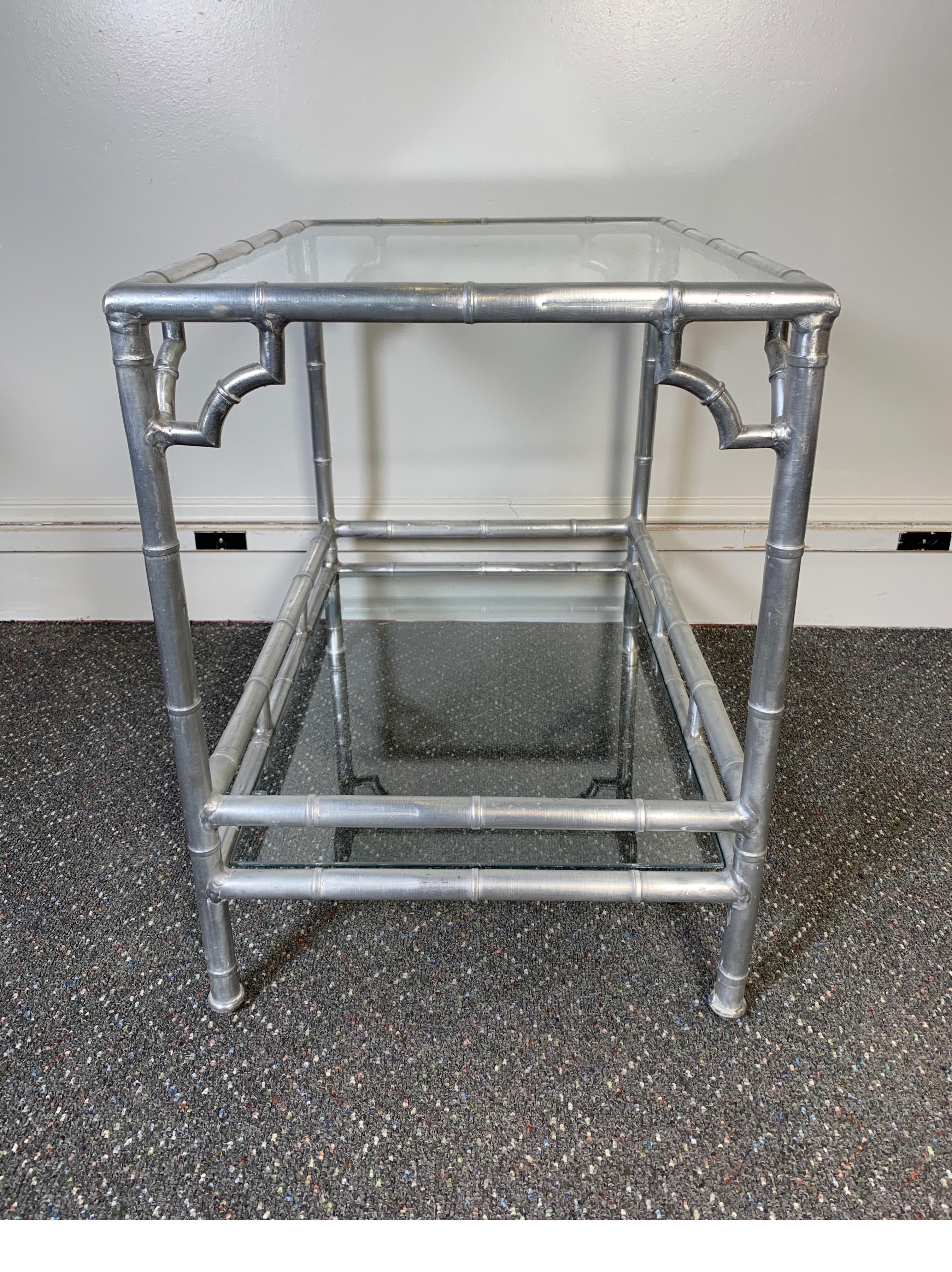 Pair of Mid Century 1960s Aluminum Faux Bamboo Side Tables with Glass Shelves 3