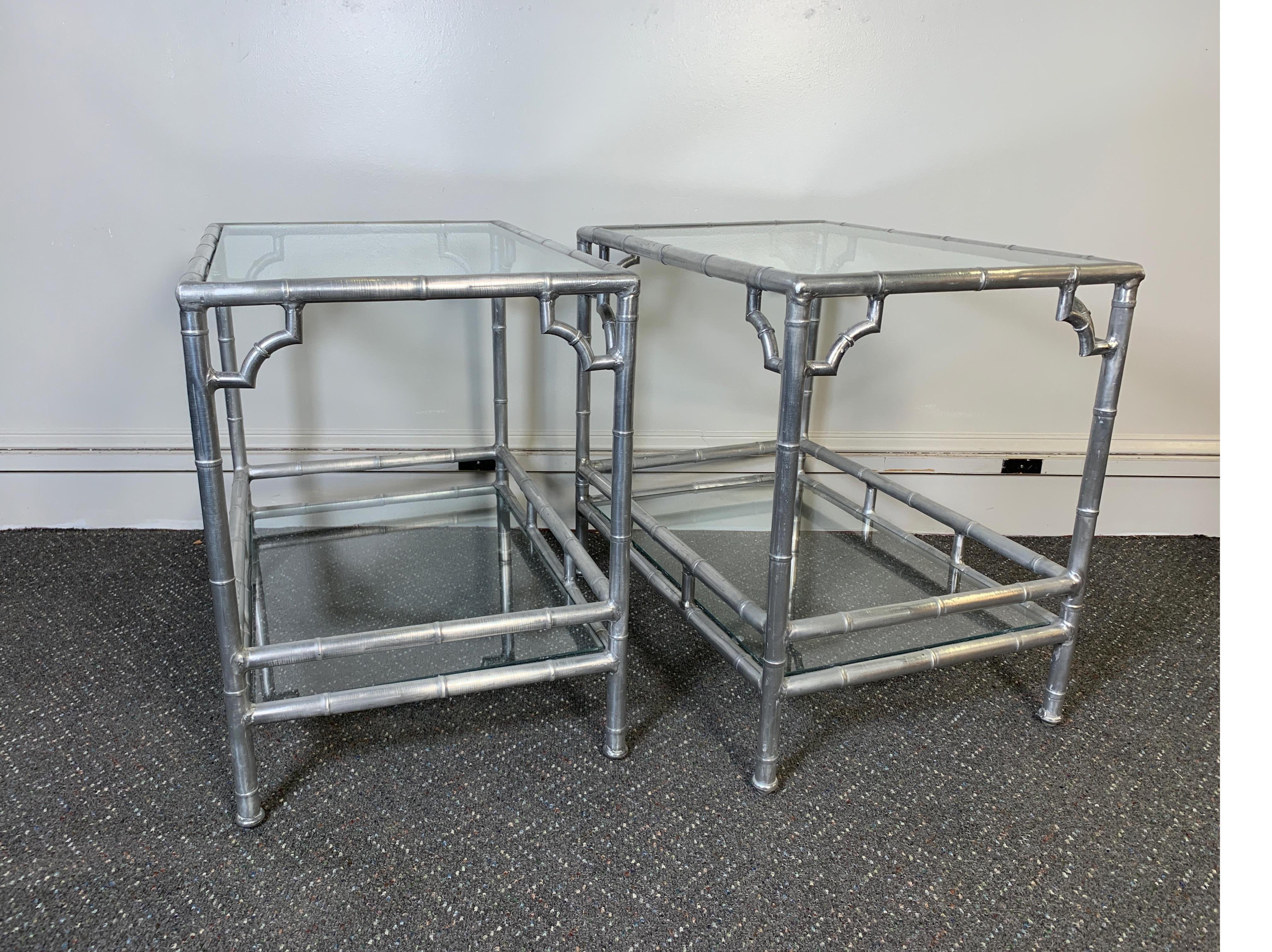 Pair of Mid Century 1960s Aluminum Faux Bamboo Side Tables with Glass Shelves 4