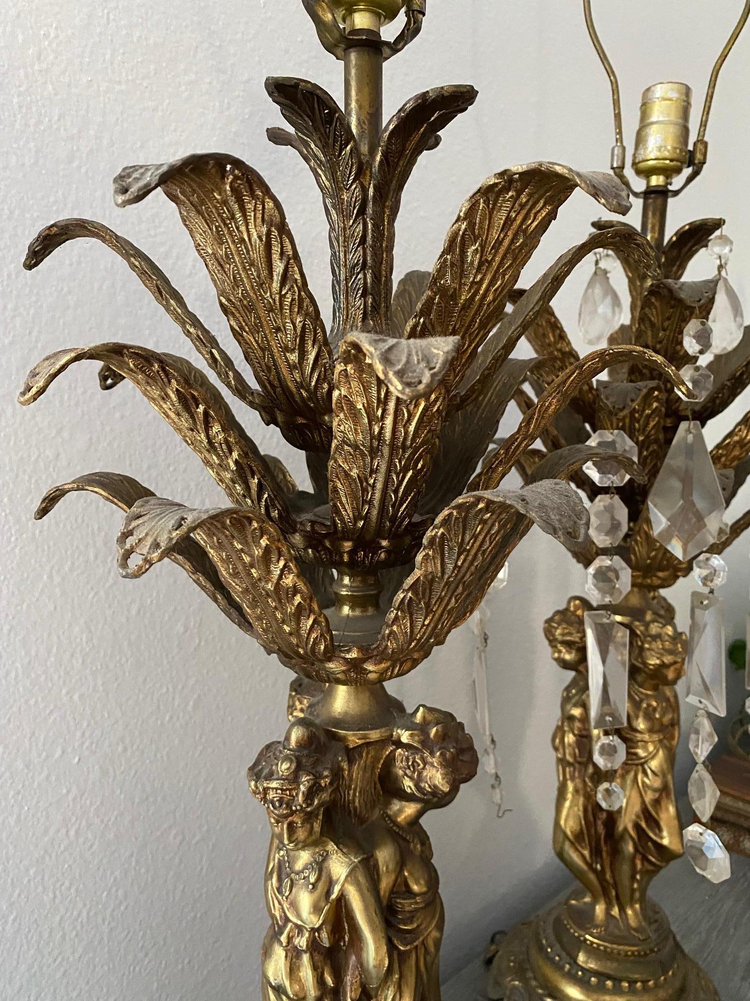 Pair of Mid Century 1960's French Brass Table Lamps 3 Graces Lady Figurines 7