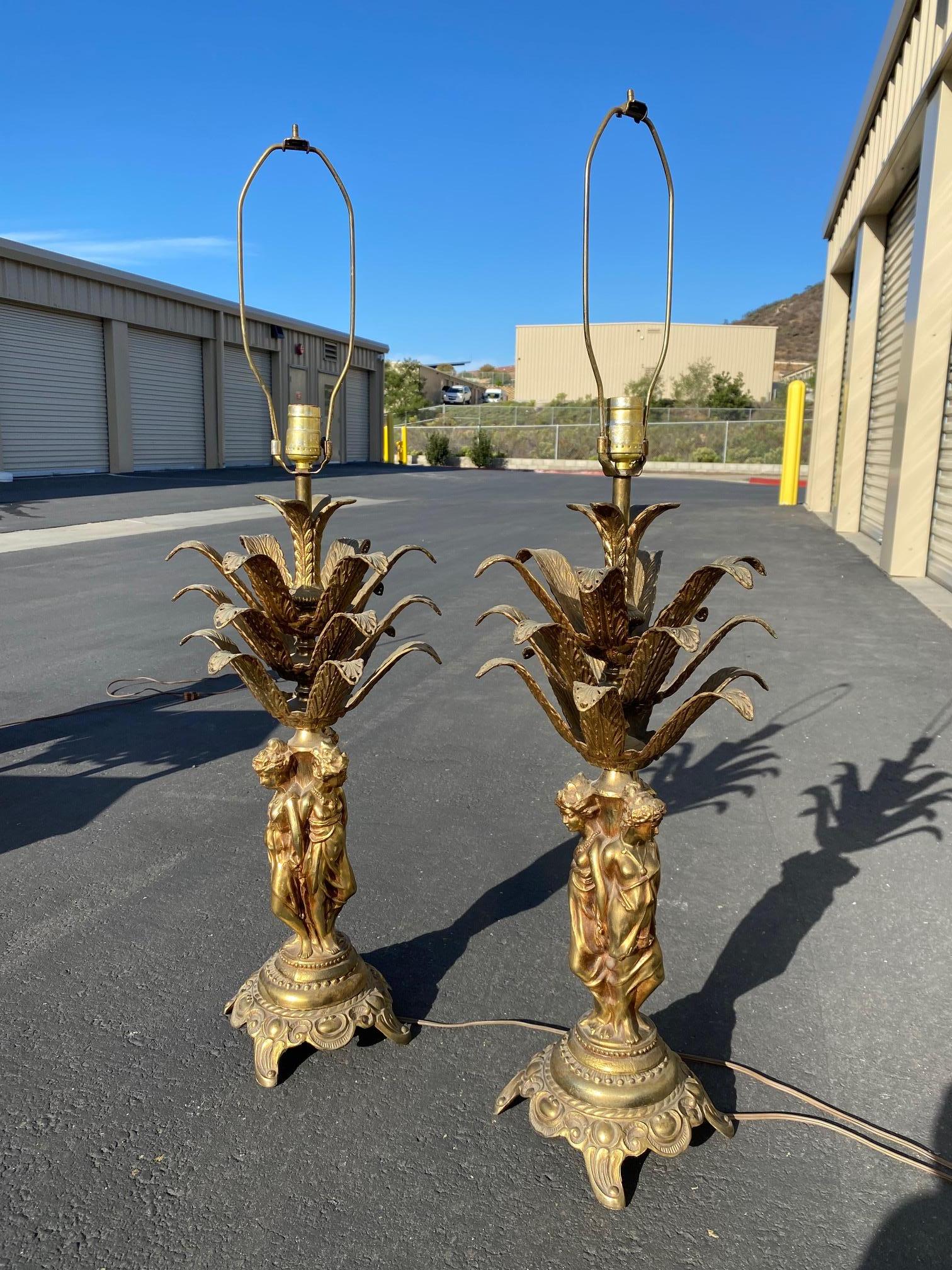 Pair of Mid Century 1960's French Brass Table Lamps 3 Graces Lady Figurines 10
