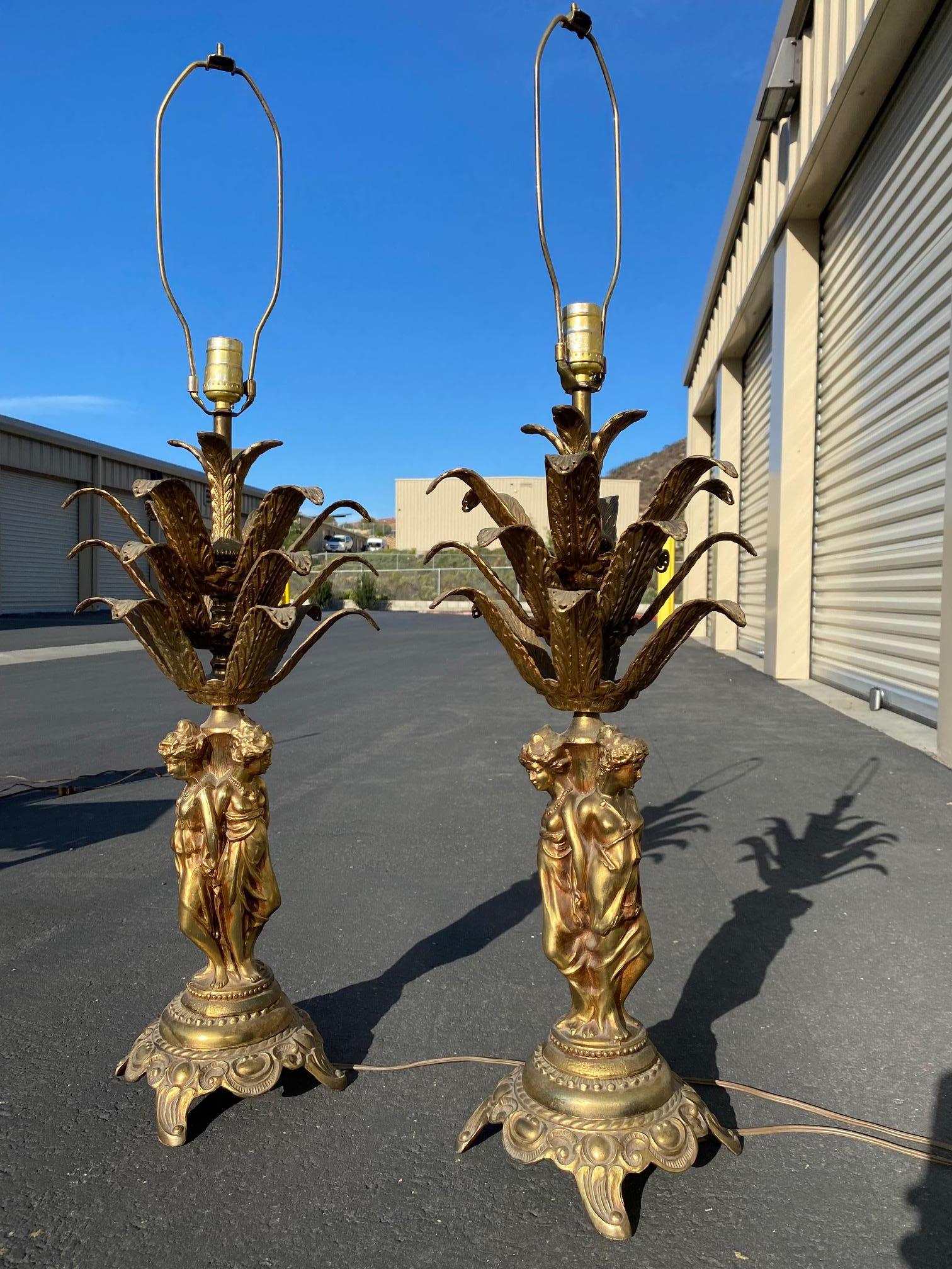 Pair of Mid Century 1960's French Brass Table Lamps 3 Graces Lady Figurines For Sale 11