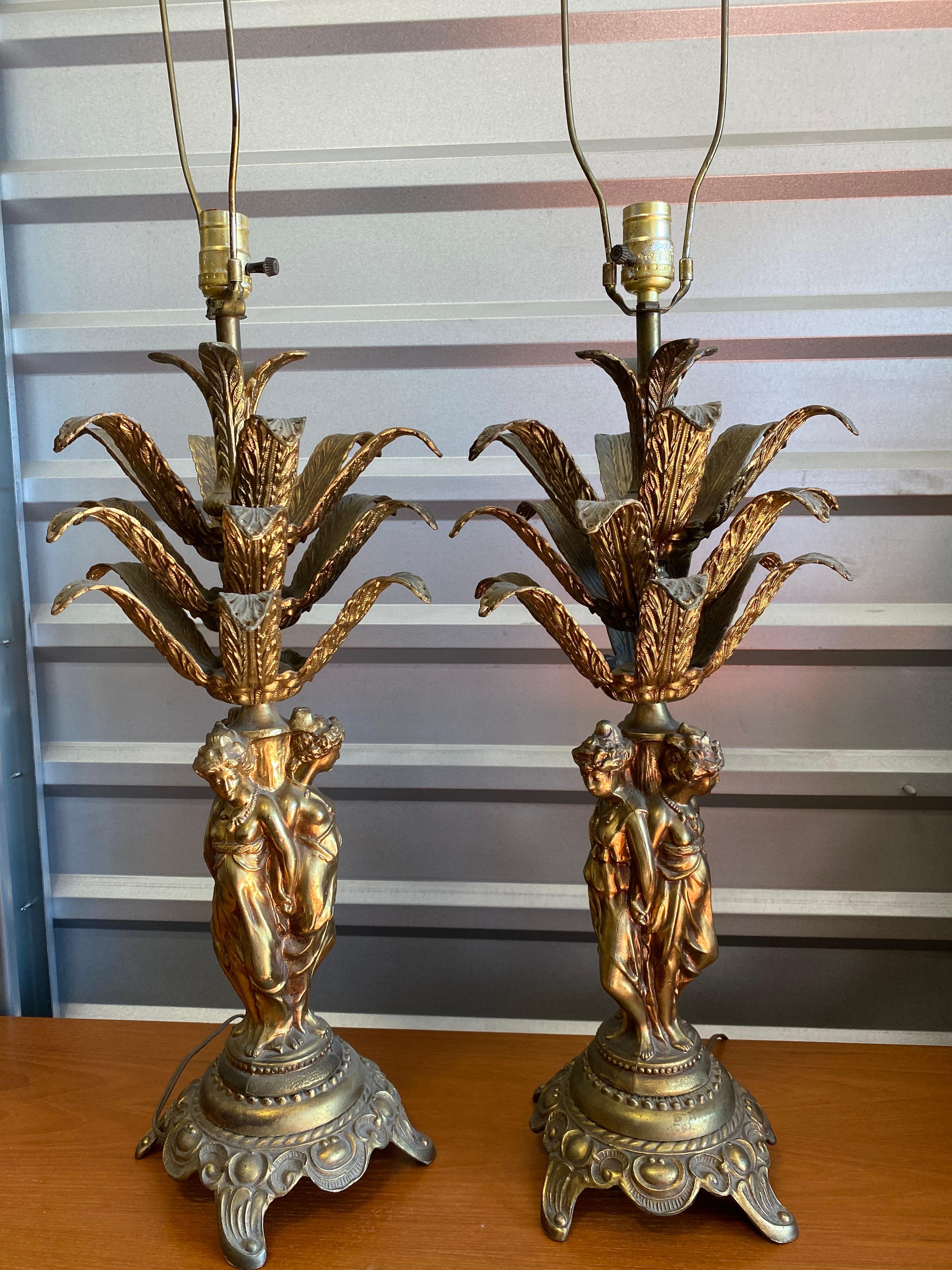 Pair of Mid Century 1960's French Brass Table Lamps 3 Graces Lady Figurines For Sale 12