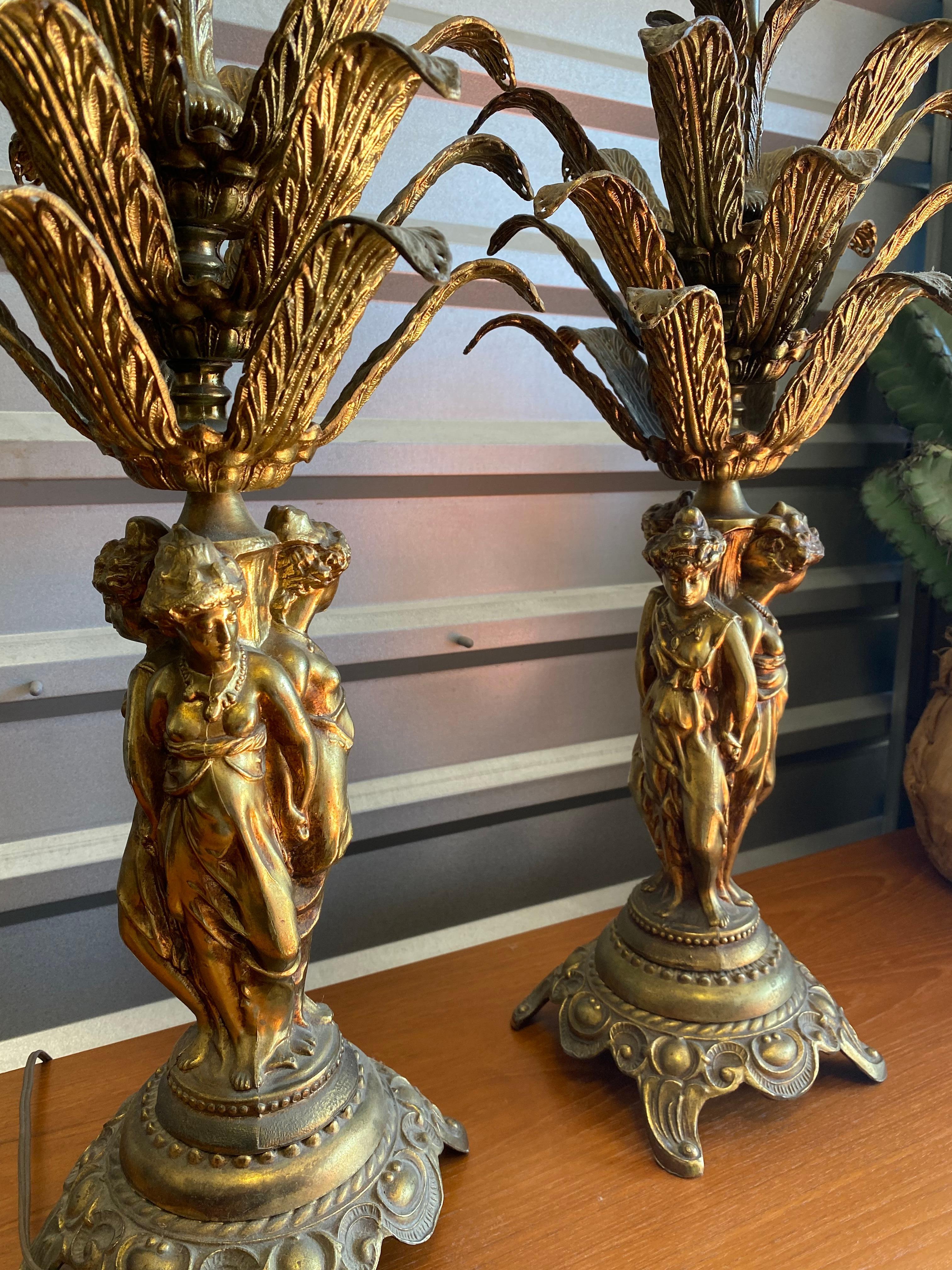 Pair of Mid Century 1960's French Brass Table Lamps 3 Graces Lady Figurines 13