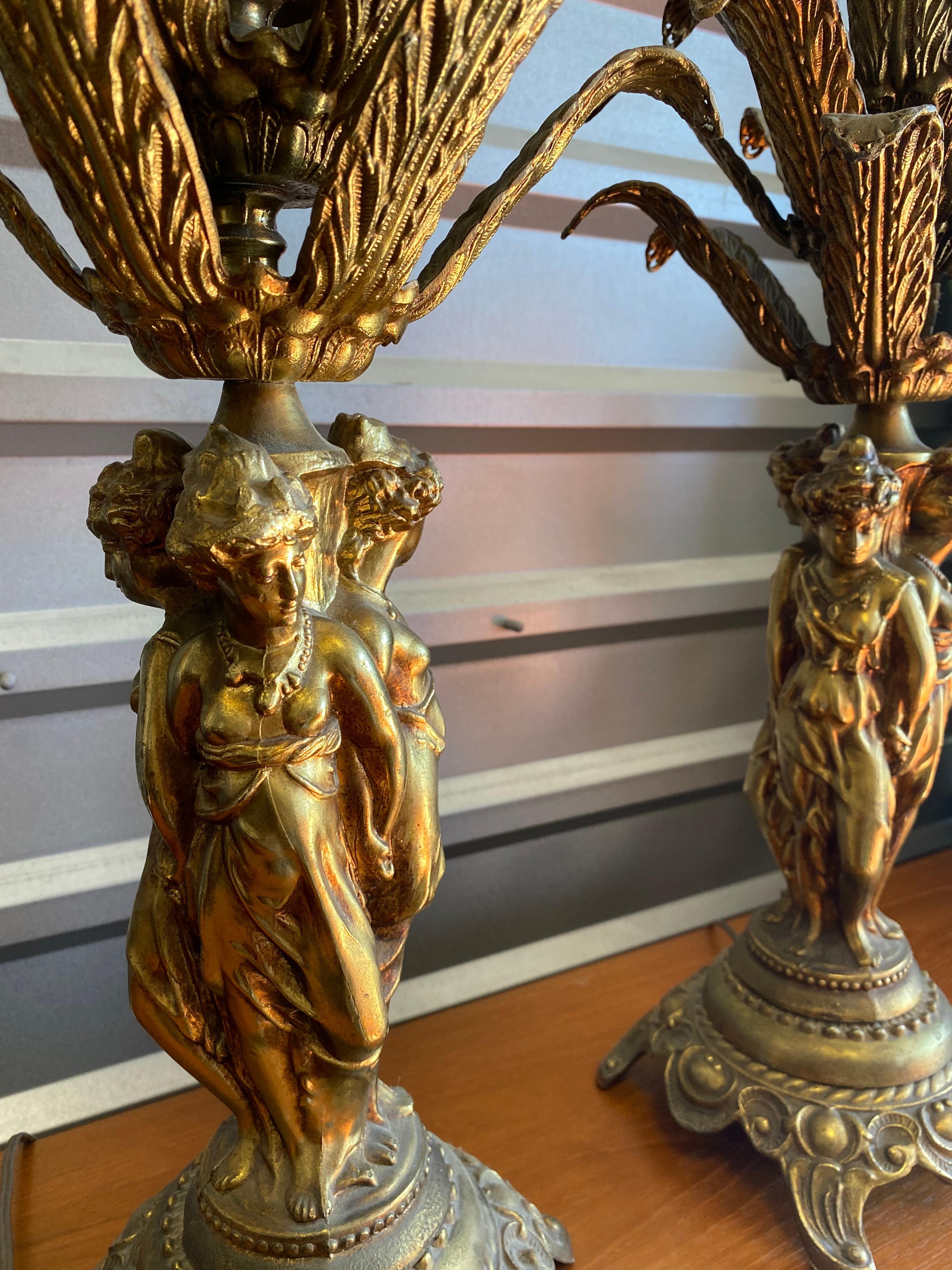 Pair of Mid Century 1960's French Brass Table Lamps 3 Graces Lady Figurines 14