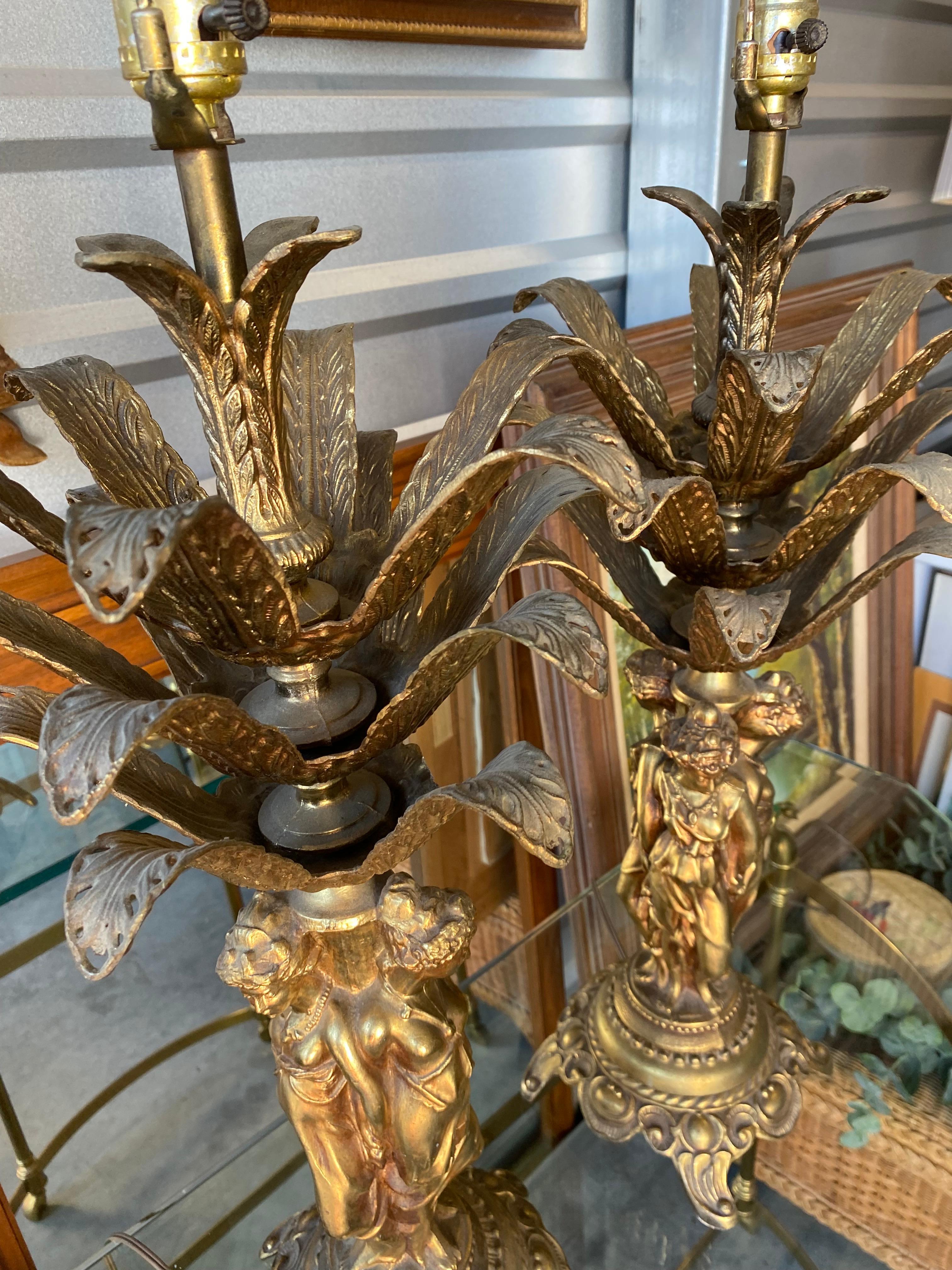 Pair of Mid Century 1960's French Brass Table Lamps 3 Graces Lady Figurines 3