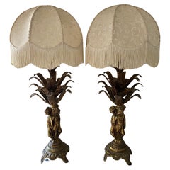 Pair of Mid Century 1960's French Brass Table Lamps 3 Graces Lady Figurines