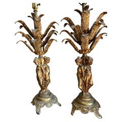 Pair of Mid Century 1960's French Brass Table Lamps 3 Graces Lady Figurines