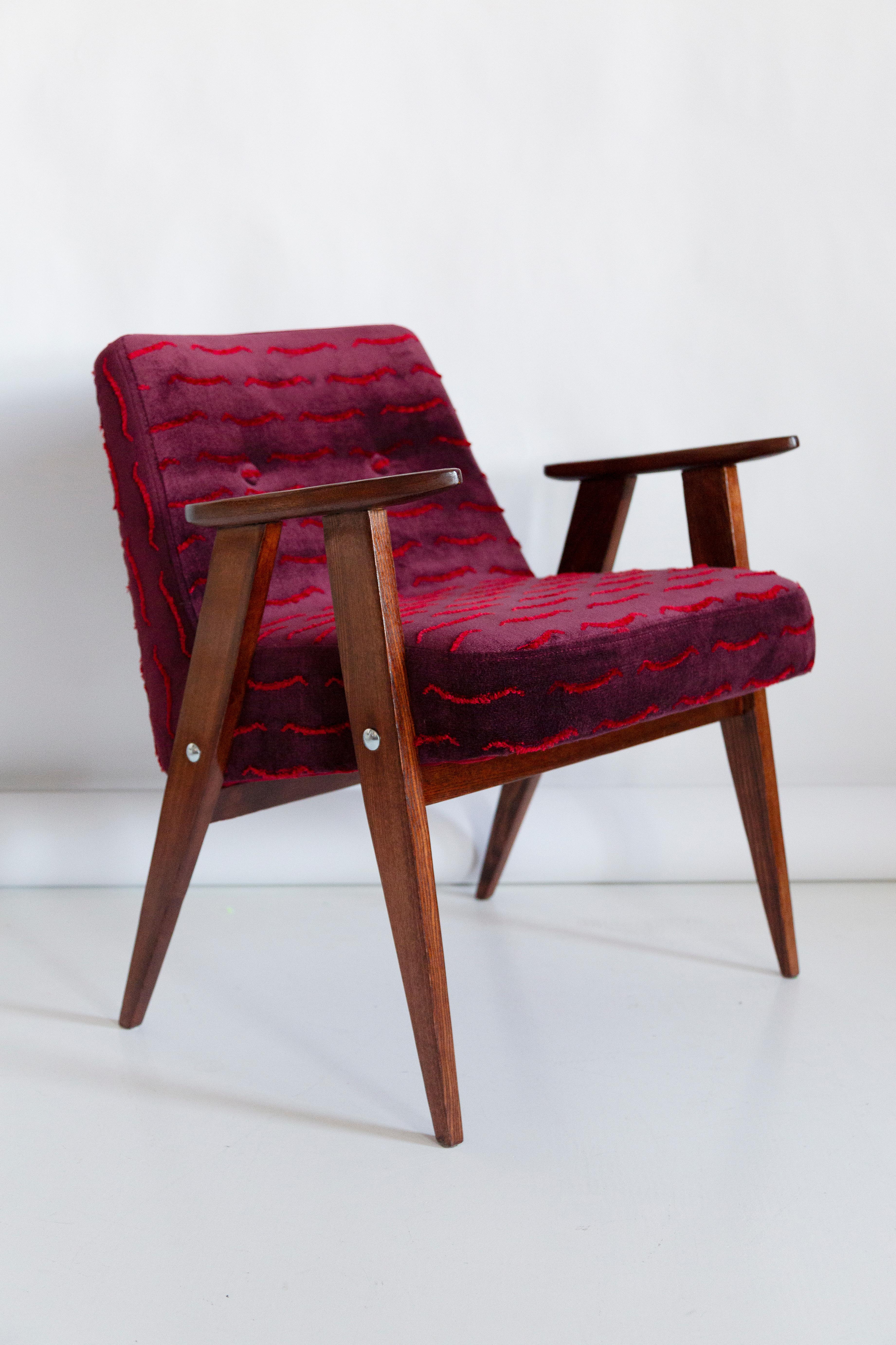Textile Pair of Mid-Century 366 Armchairs, Dark Velvet, by J Chierowski, Europe, 1960s For Sale