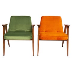 Paar Sessel 366 aus der Mitte des Jahrhunderts, grün und orange, von Chierowski Europe, 1960er Jahre