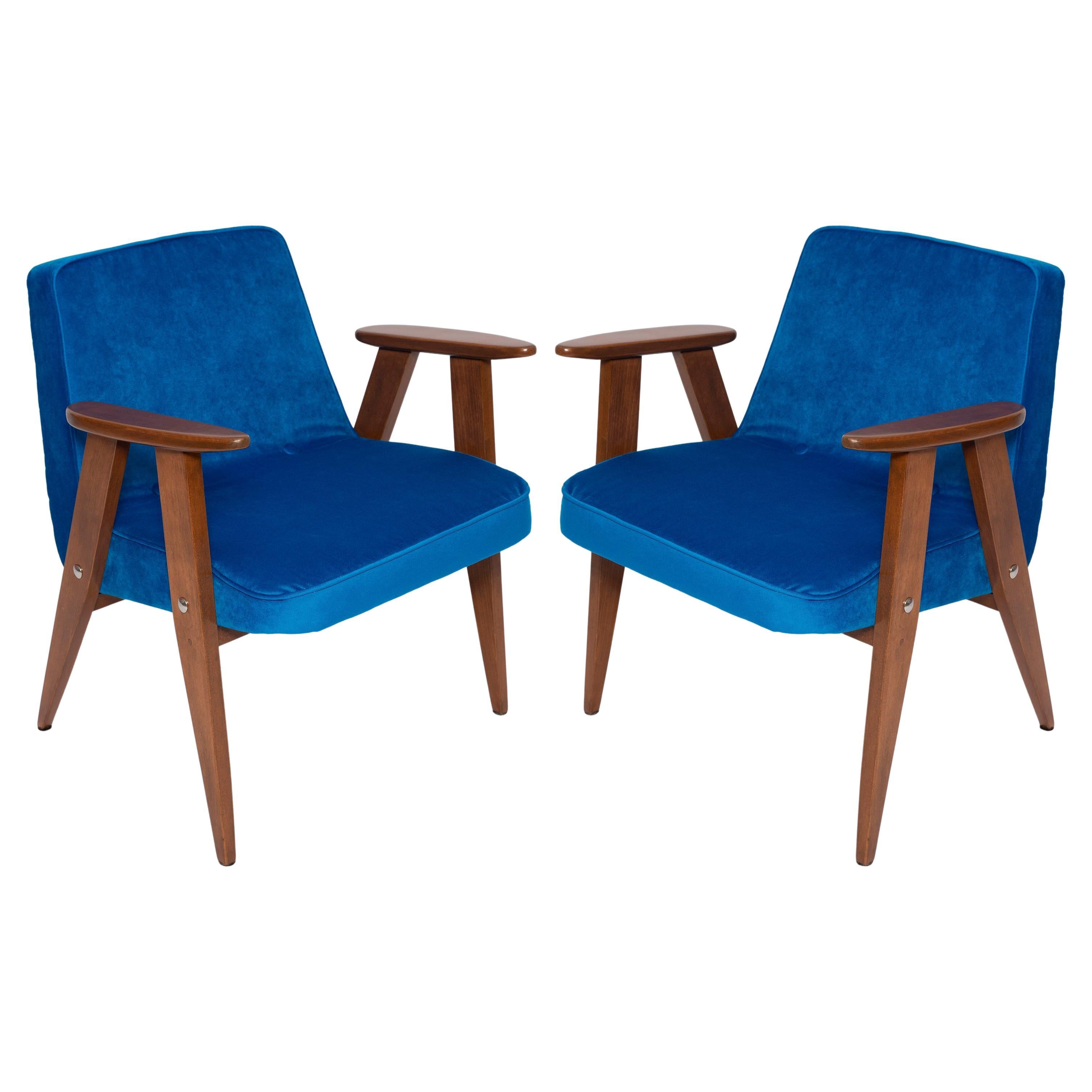 Pair of Mid Century 366 Armchairs in Blue Velvet, Jozef Chierowski, Europe 1960 For Sale