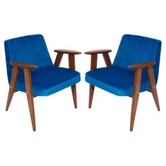 Pair of Mid Century 366 Armchairs in Blue Velvet, Jozef Chierowski, Europe 1960