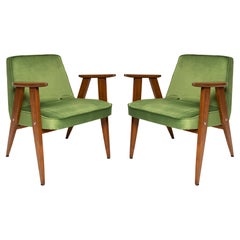Vintage Pair of Mid-Century 366 Armchairs in Green Velvet, Jozef Chierowski, Europe 1960