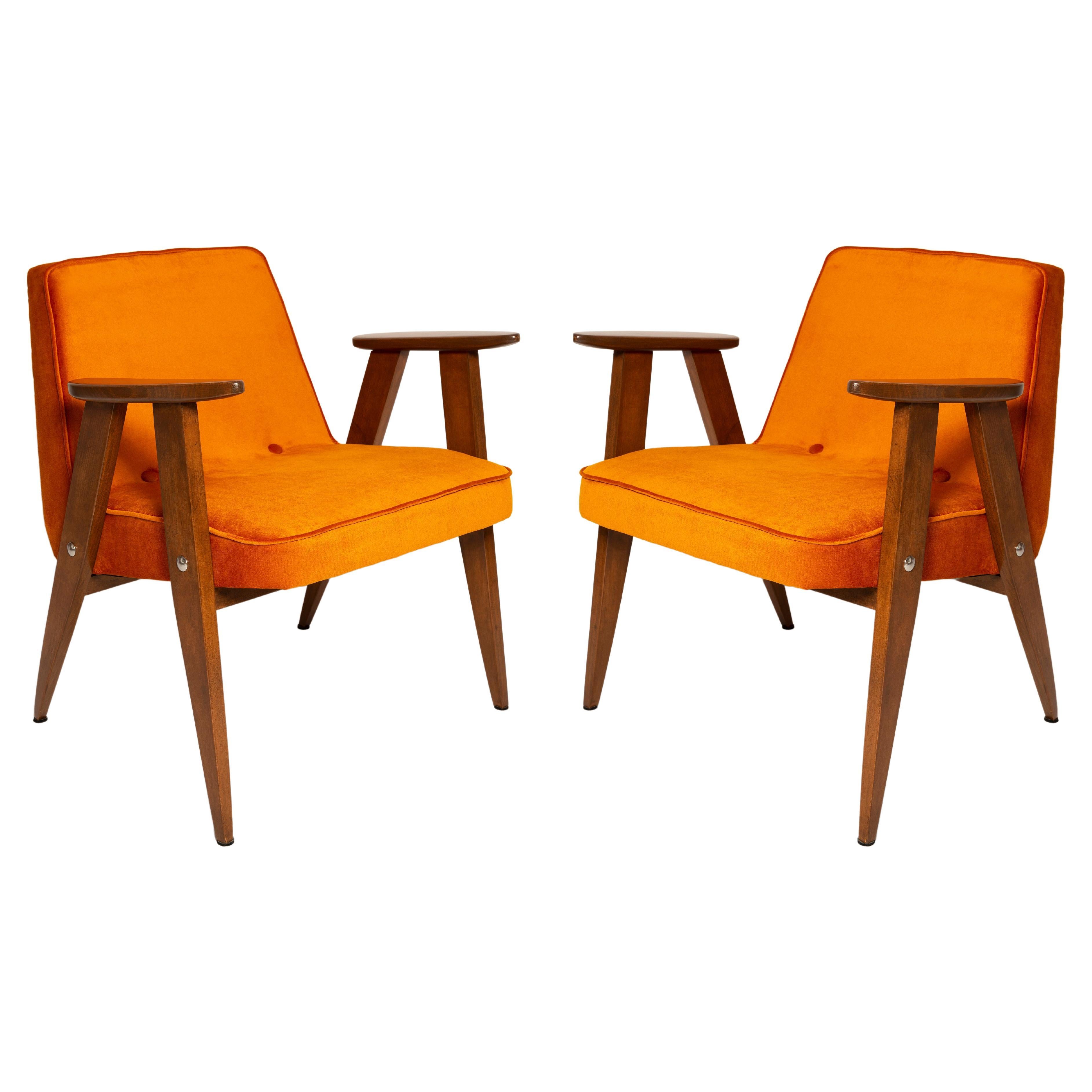 Pair of Mid Century 366 Armchairs in Orange Velvet, Jozef Chierowski, Europe 1960 For Sale