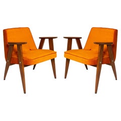 Vintage Pair of Mid Century 366 Armchairs in Orange Velvet, Jozef Chierowski, Europe 1960