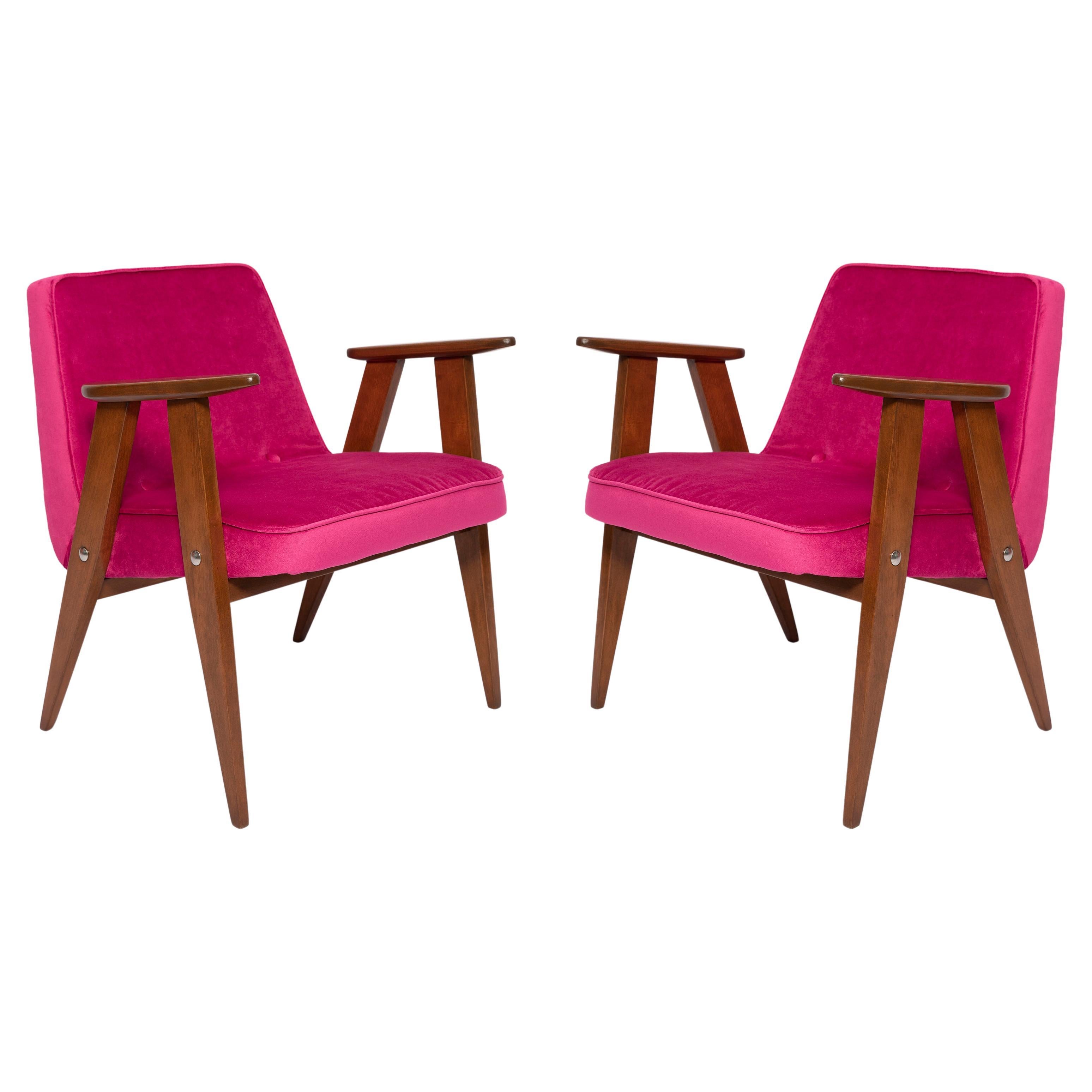 Pair of Mid Century 366 Armchairs in Pink Velvet, Jozef Chierowski, Europe 1960