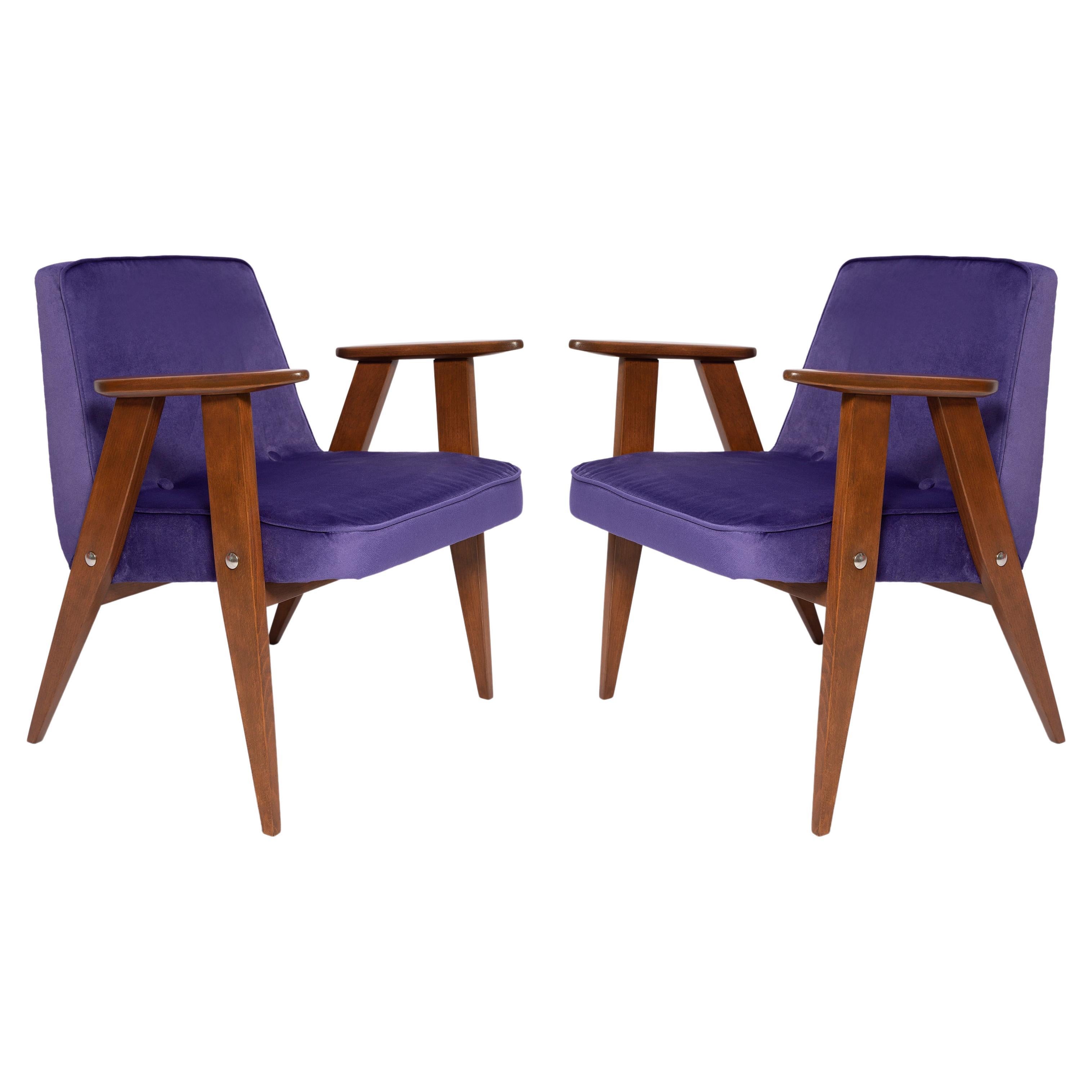 Pair of Mid Century 366 Armchairs, Purple Velvet, Jozef Chierowski, Europe 1960 For Sale