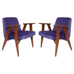 Vintage Pair of Mid Century 366 Armchairs, Purple Velvet, Jozef Chierowski, Europe 1960