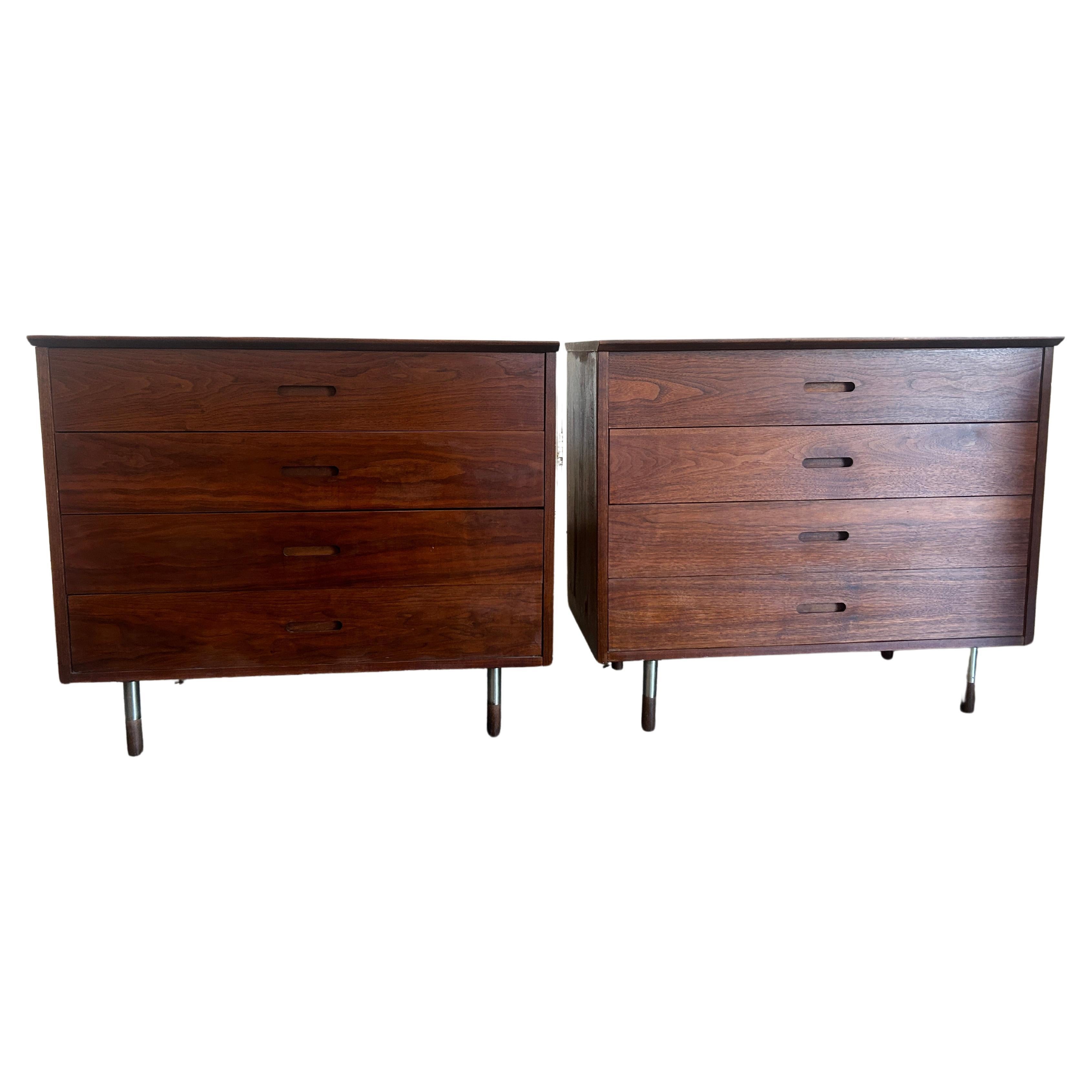 Pair of mid century 4 drawer walnut dressers by founders