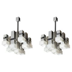 Pair of Mid Century 8 Arm Chrome & Mottled Murano Glass Chandeliers by Sciolari