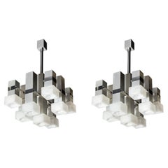 Pair of Mid Century 8 Arm Chrome & Mottled Murano Glass Chandeliers by Sciolari
