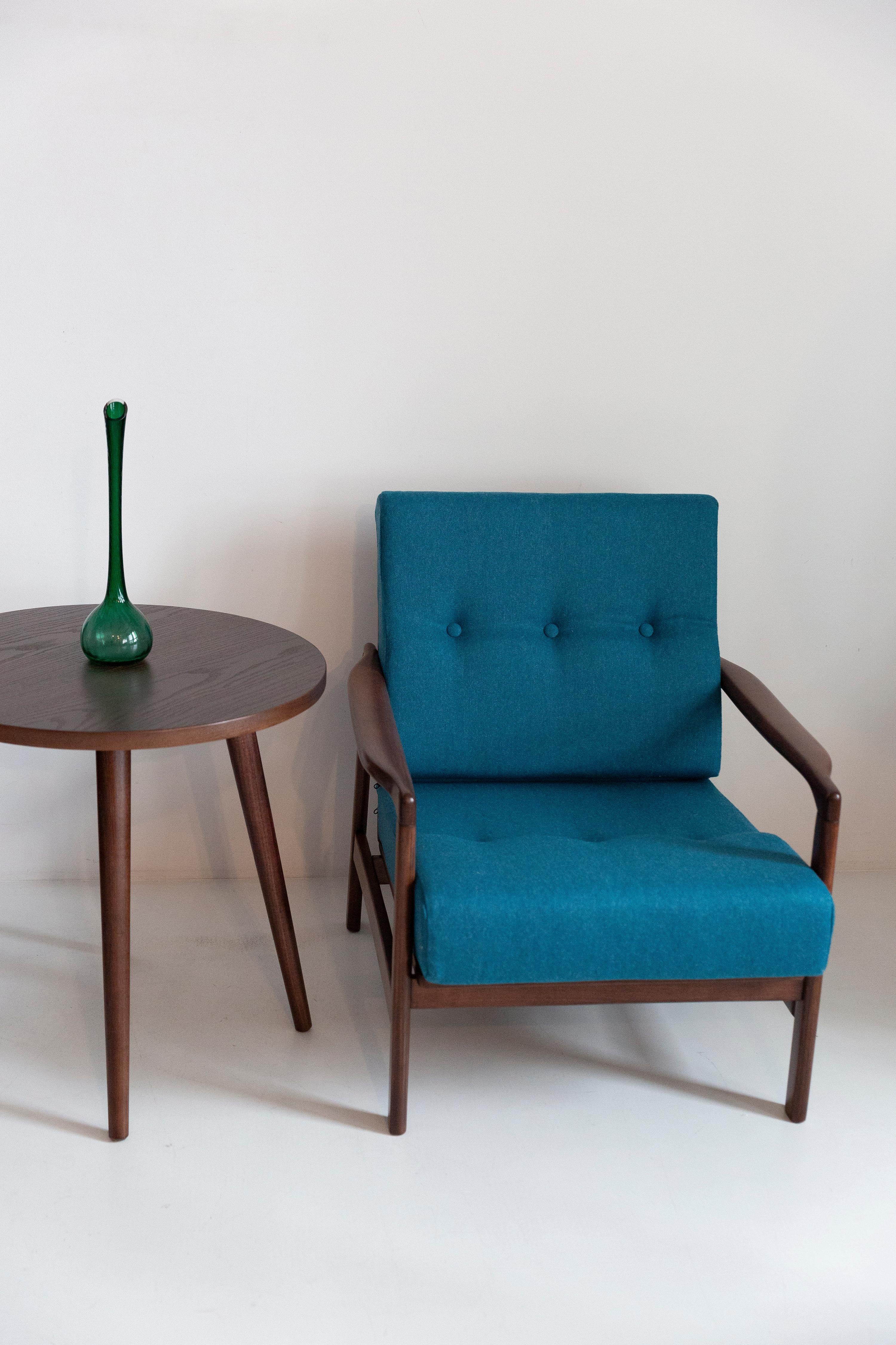 Mid-Century Modern Pair of Mid Century Acqua Blue Wool Armchairs, Zenon Baczyk, Poland, 1960s For Sale