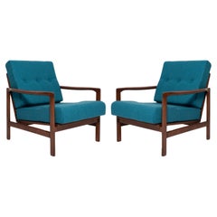 Vintage Pair of Mid Century Acqua Blue Wool Armchairs, Zenon Baczyk, Poland, 1960s